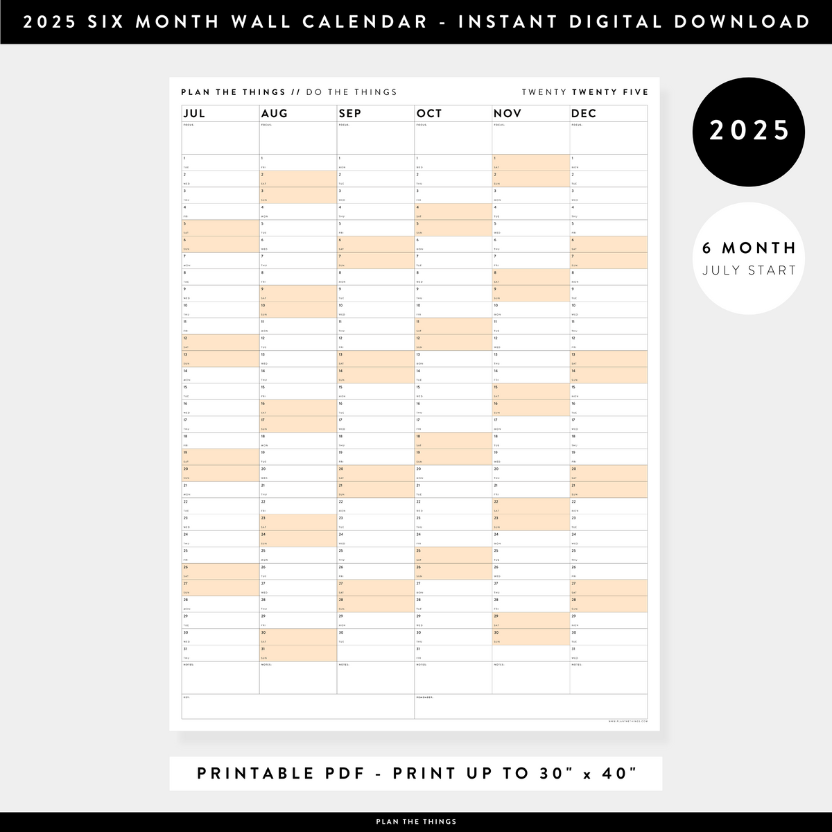 PRINTABLE SIX MONTH 2025 WALL CALENDAR (JULY TO DECEMBER) WITH ORANGE WEEKENDS - INSTANT DOWNLOAD