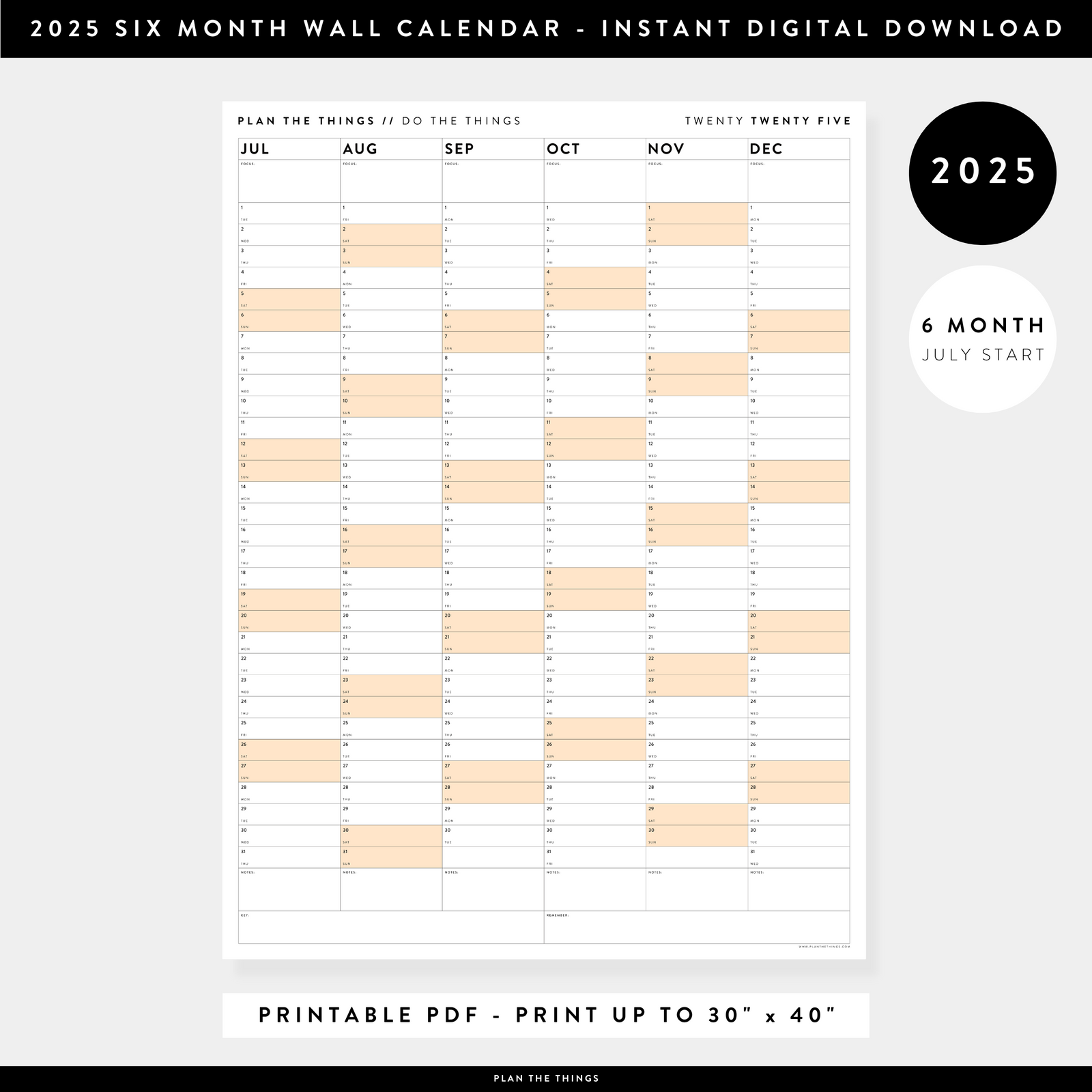PRINTABLE SIX MONTH 2025 WALL CALENDAR (JULY TO DECEMBER) WITH ORANGE WEEKENDS - INSTANT DOWNLOAD