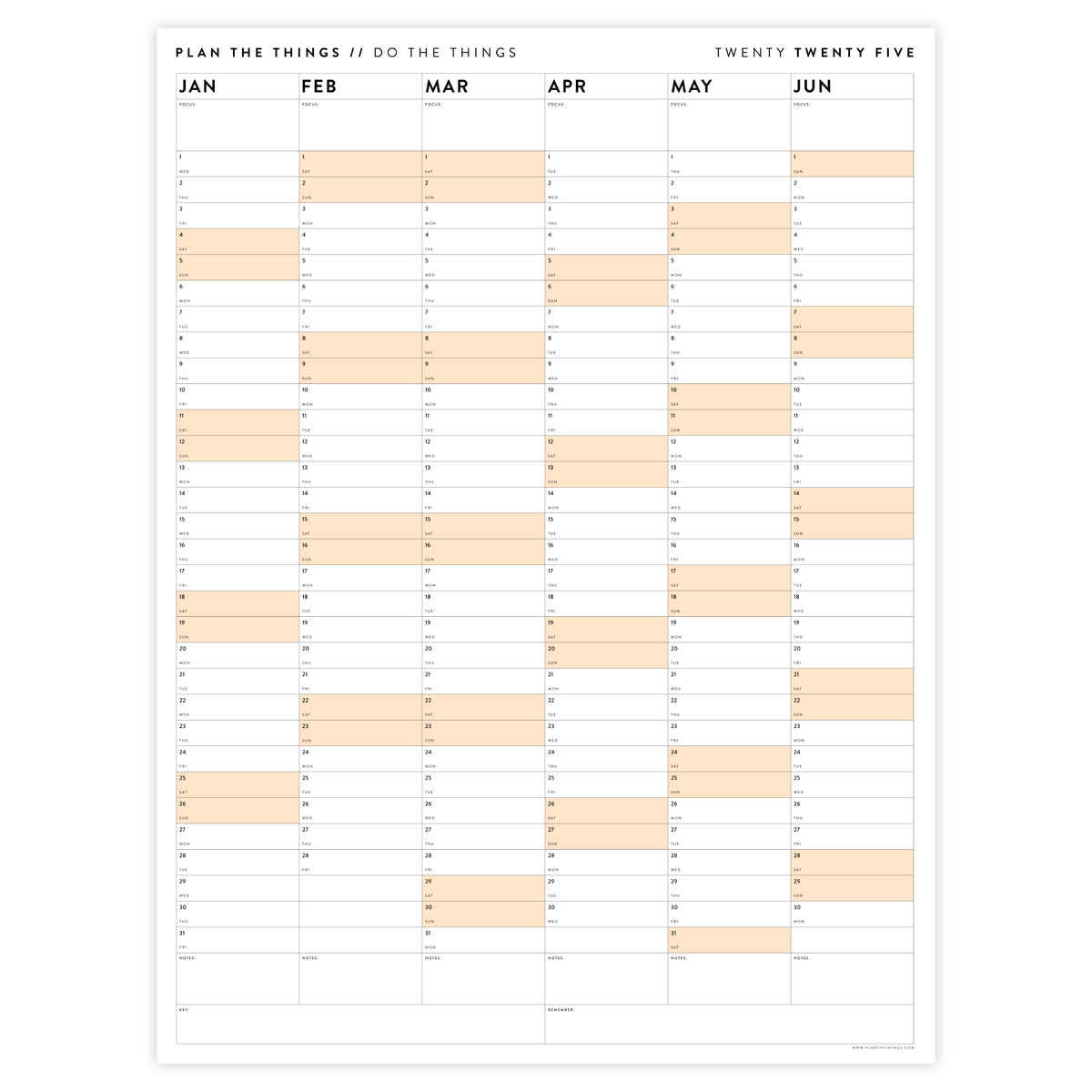SIX MONTH 2025 GIANT WALL CALENDAR (JANUARY TO JUNE)  WITH ORANGE WEEKENDS