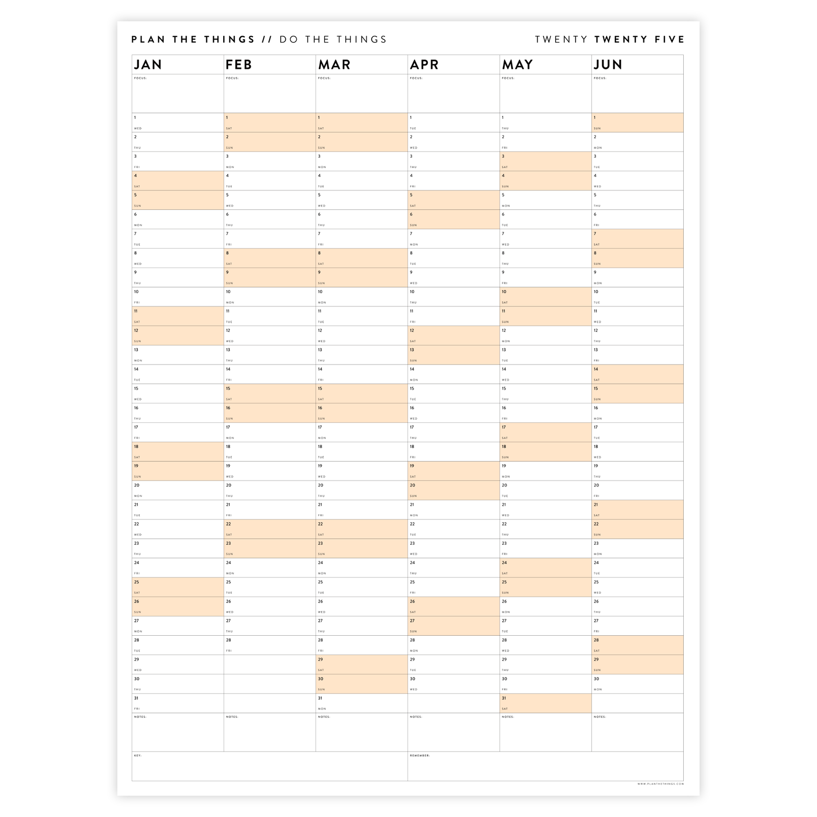 PRINTABLE SIX MONTH 2025 WALL CALENDAR SET WITH ORANGE WEEKENDS - INSTANT DOWNLOAD