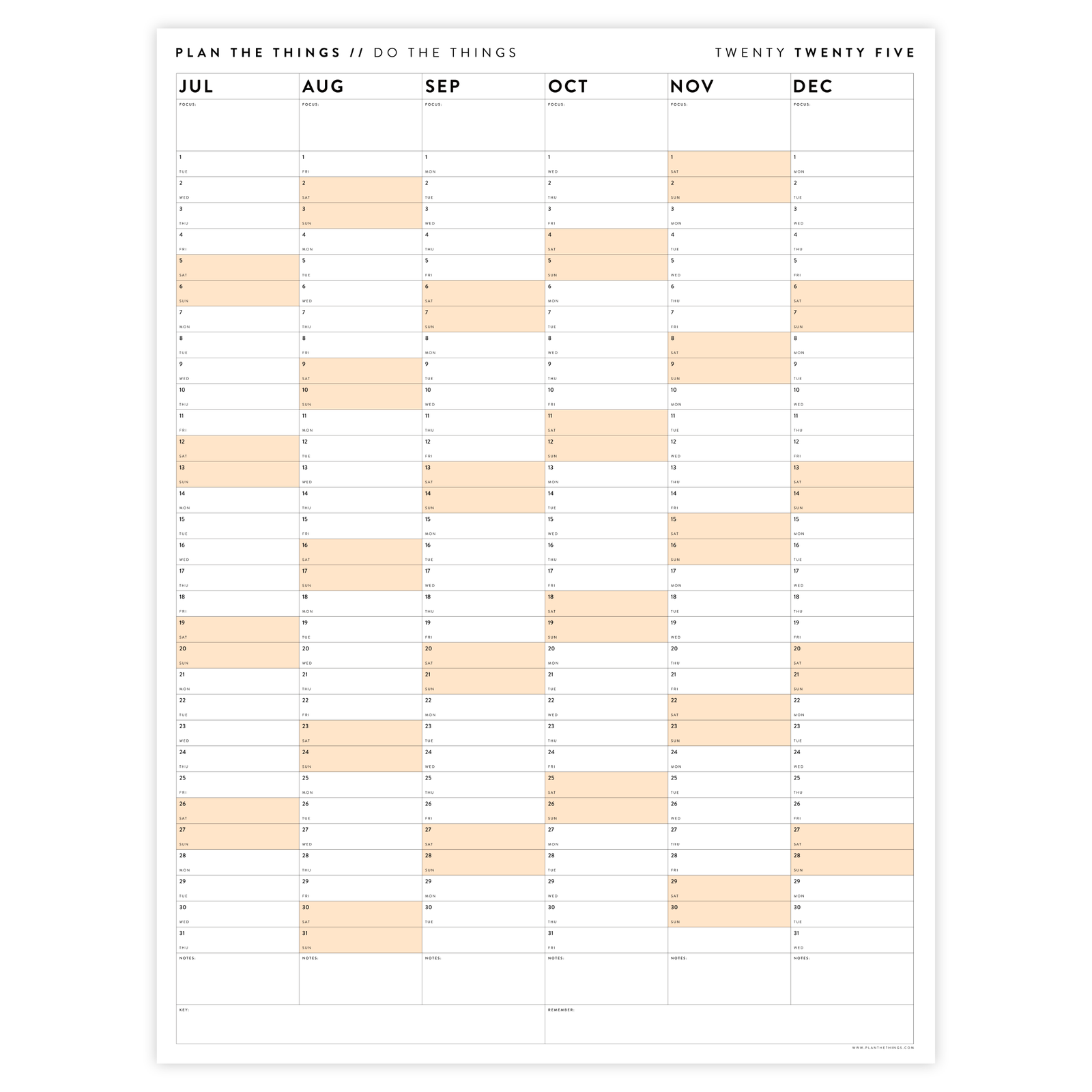 SIX MONTH 2025 GIANT WALL CALENDAR (JULY TO DECEMBER) WITH ORANGE WEEKENDS