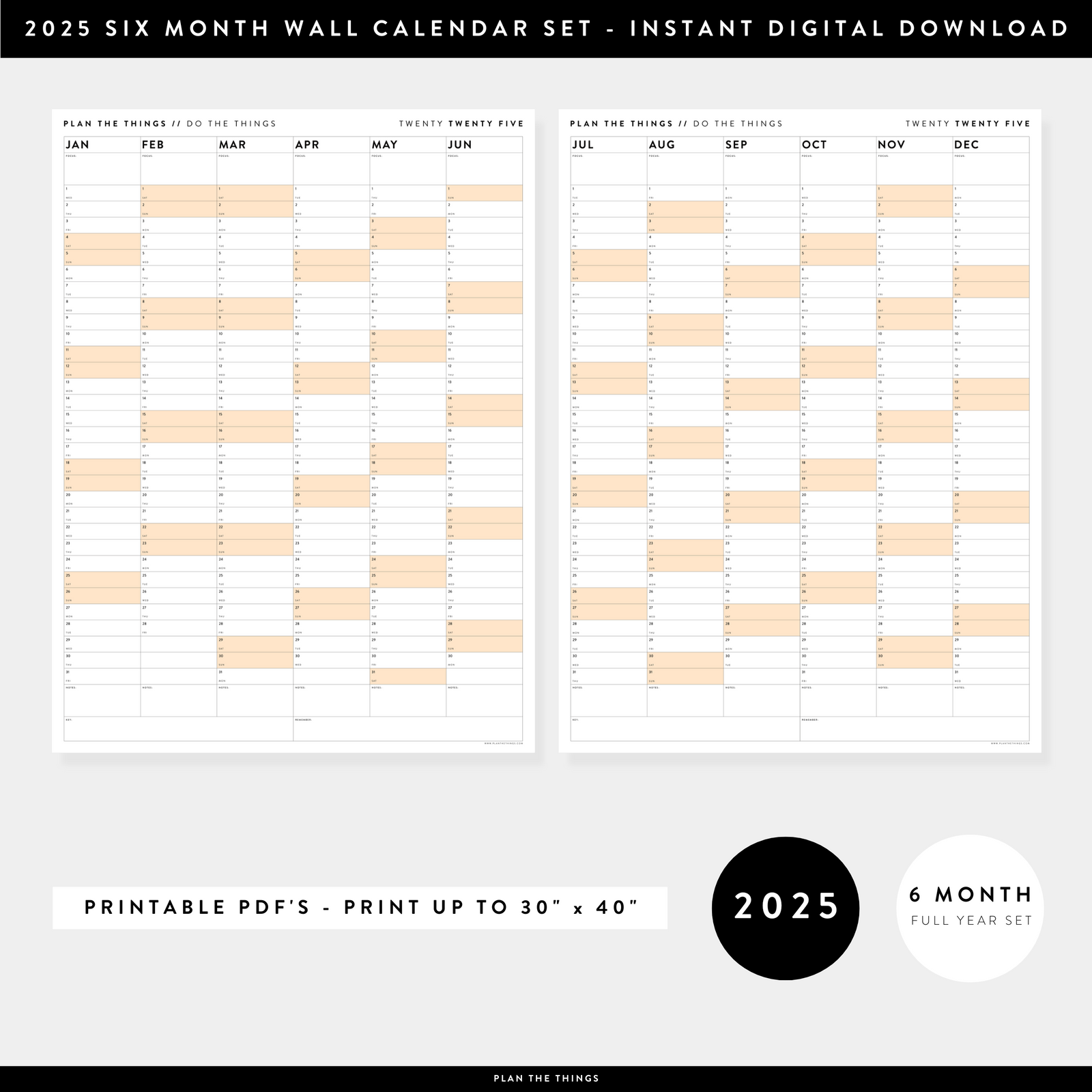 PRINTABLE SIX MONTH 2025 WALL CALENDAR SET WITH ORANGE WEEKENDS - INSTANT DOWNLOAD