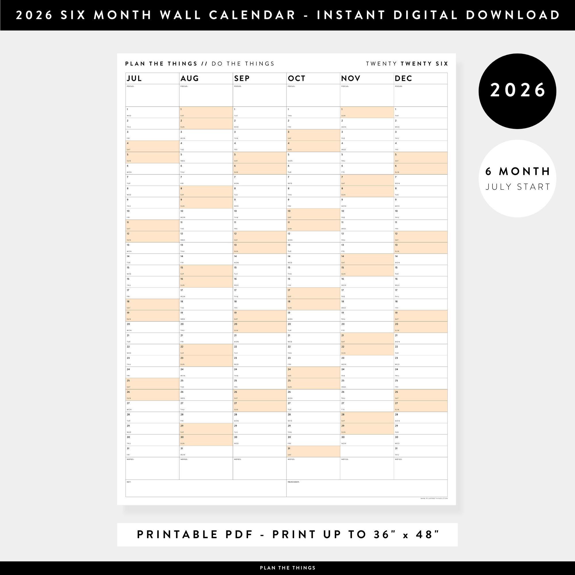 PRINTABLE SIX MONTH 2026 WALL CALENDAR (JULY TO DECEMBER) WITH ORANGE WEEKENDS - INSTANT DOWNLOAD