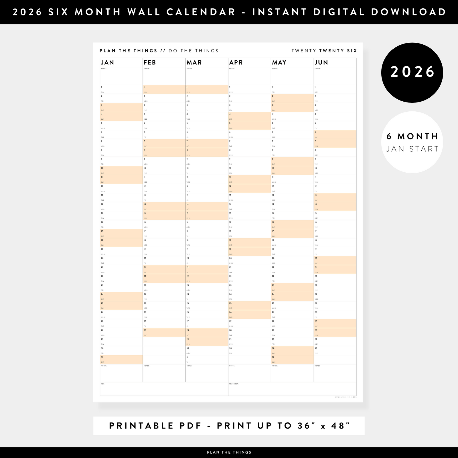 PRINTABLE SIX MONTH 2026 WALL CALENDAR (JANUARY TO JUNE) WITH ORANGE WEEKENDS - INSTANT DOWNLOAD