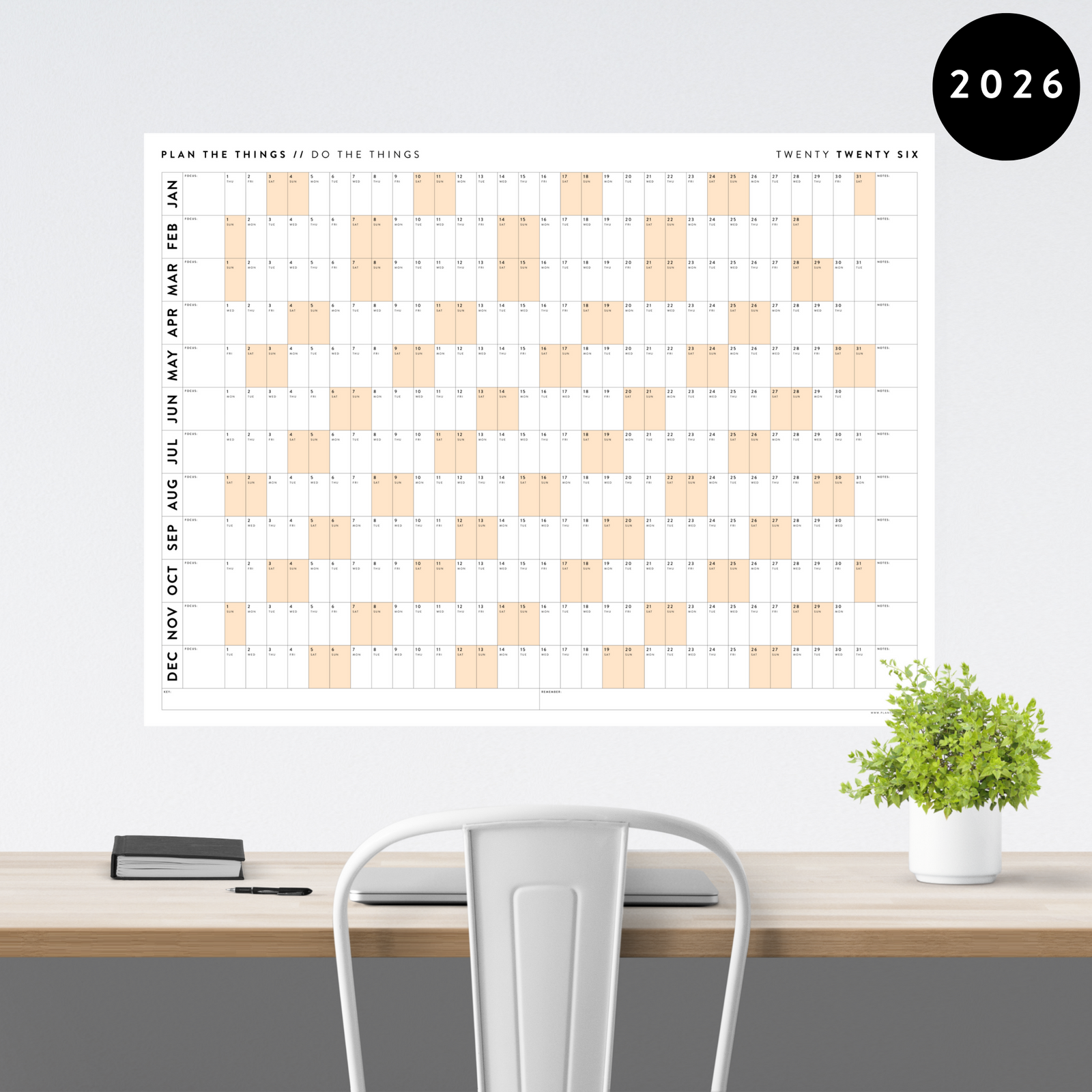 GIANT 2026 ANNUAL WALL CALENDAR | HORIZONTAL WITH ORANGE WEEKENDS