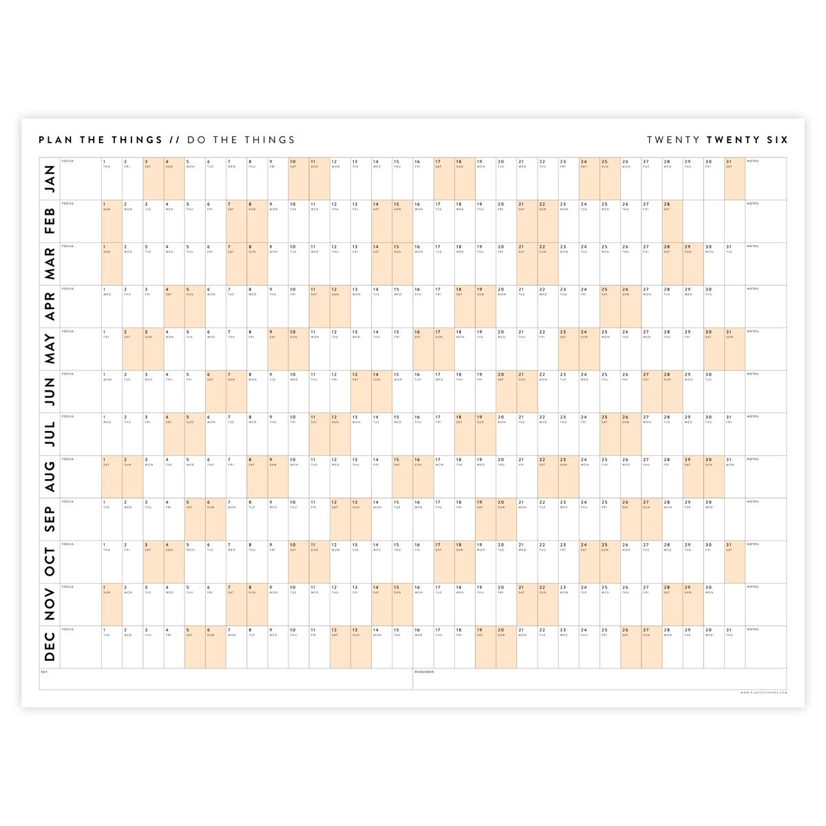 PRINTABLE 2026 HORIZONTAL WALL CALENDAR WITH ORANGE WEEKENDS - INSTANT DOWNLOAD