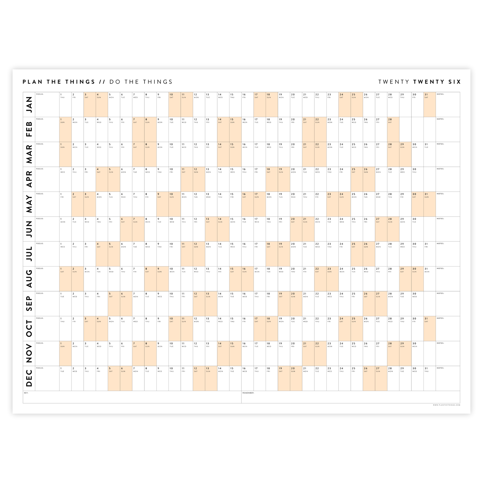GIANT 2026 ANNUAL WALL CALENDAR | HORIZONTAL WITH ORANGE WEEKENDS