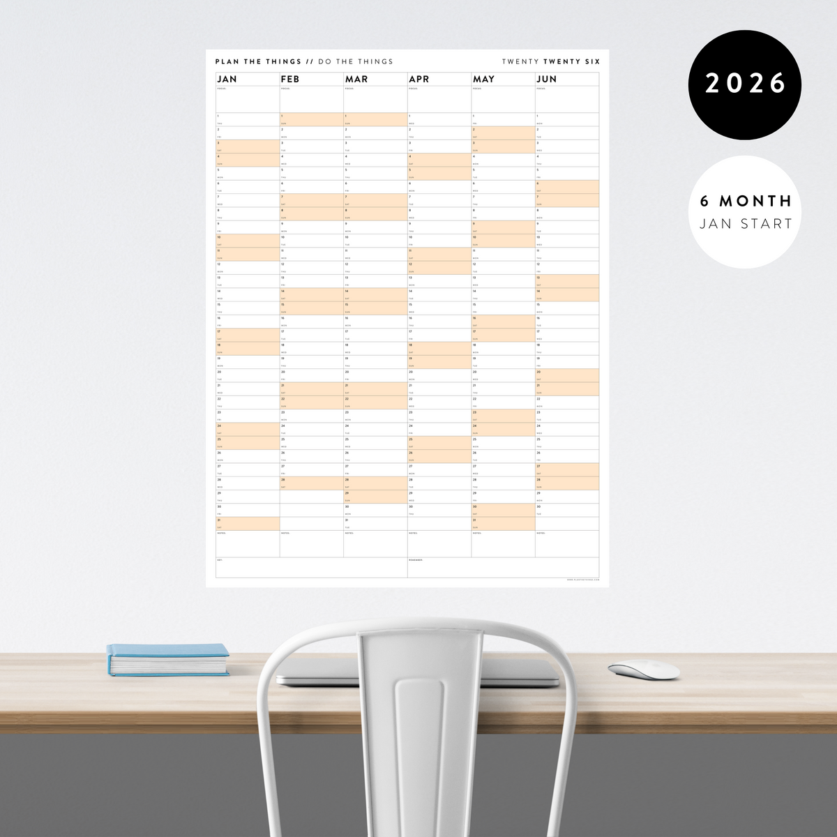 SIX MONTH 2026 GIANT WALL CALENDAR (JANUARY TO JUNE)  WITH ORANGE WEEKENDS