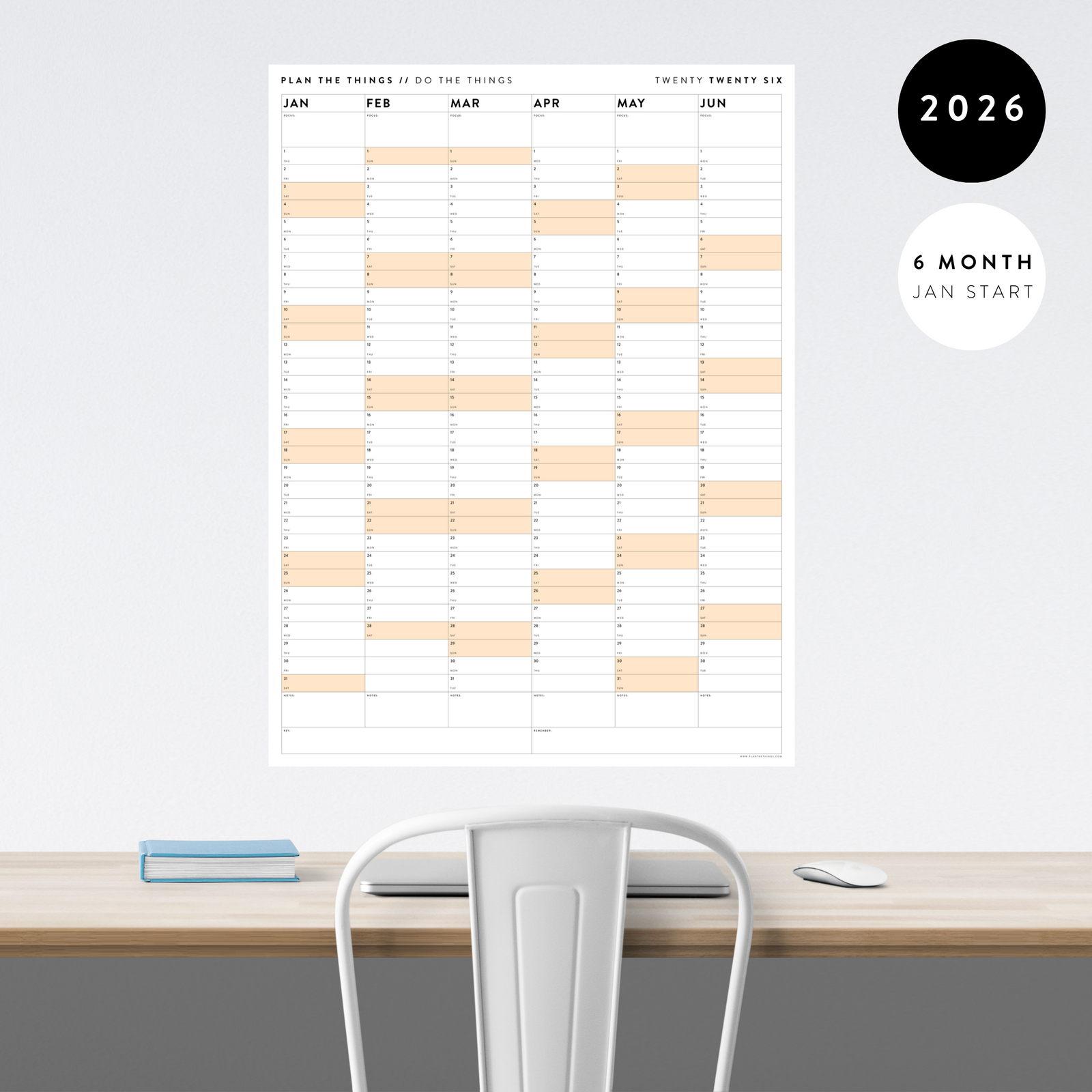 SIX MONTH 2026 GIANT WALL CALENDAR (JANUARY TO JUNE)  WITH ORANGE WEEKENDS