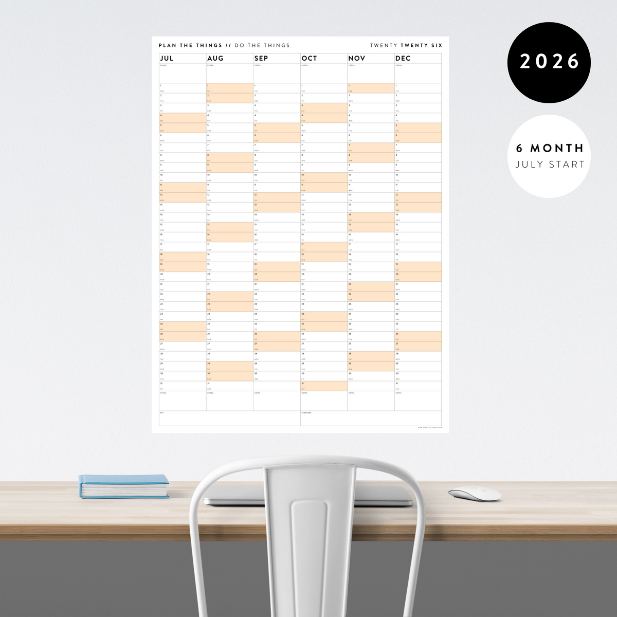 SIX MONTH 2026 GIANT WALL CALENDAR (JULY TO DECEMBER) WITH ORANGE WEEKENDS