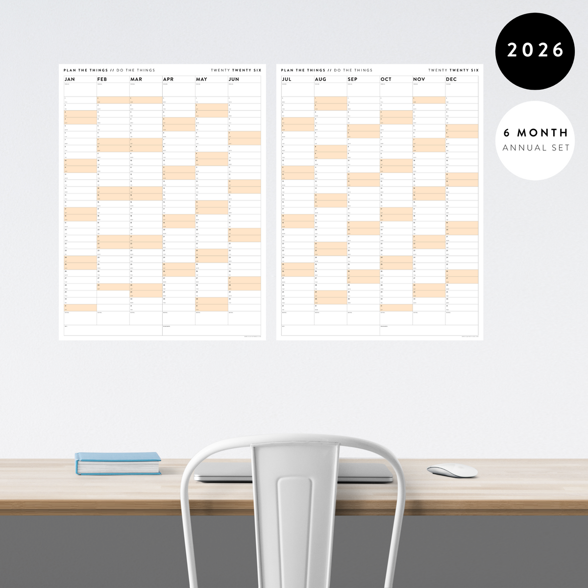 PRINTABLE SIX MONTH 2026 ACADEMIC YEAR WALL CALENDAR SET WITH ORANGE WEEKENDS - INSTANT DOWNLOAD