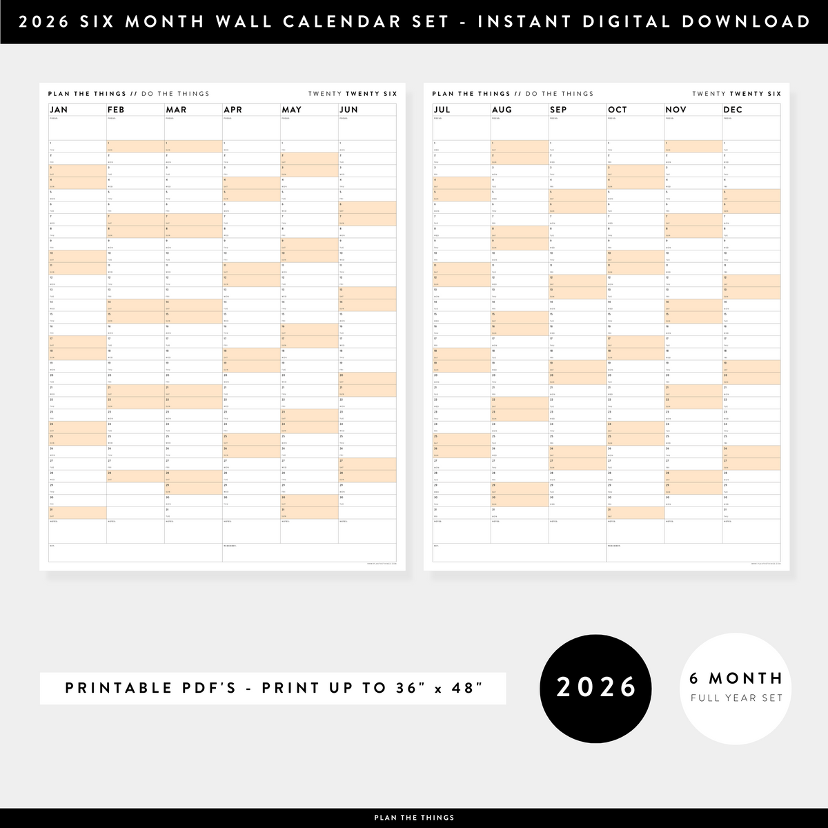 PRINTABLE SIX MONTH 2026 ACADEMIC YEAR WALL CALENDAR SET WITH ORANGE WEEKENDS - INSTANT DOWNLOAD