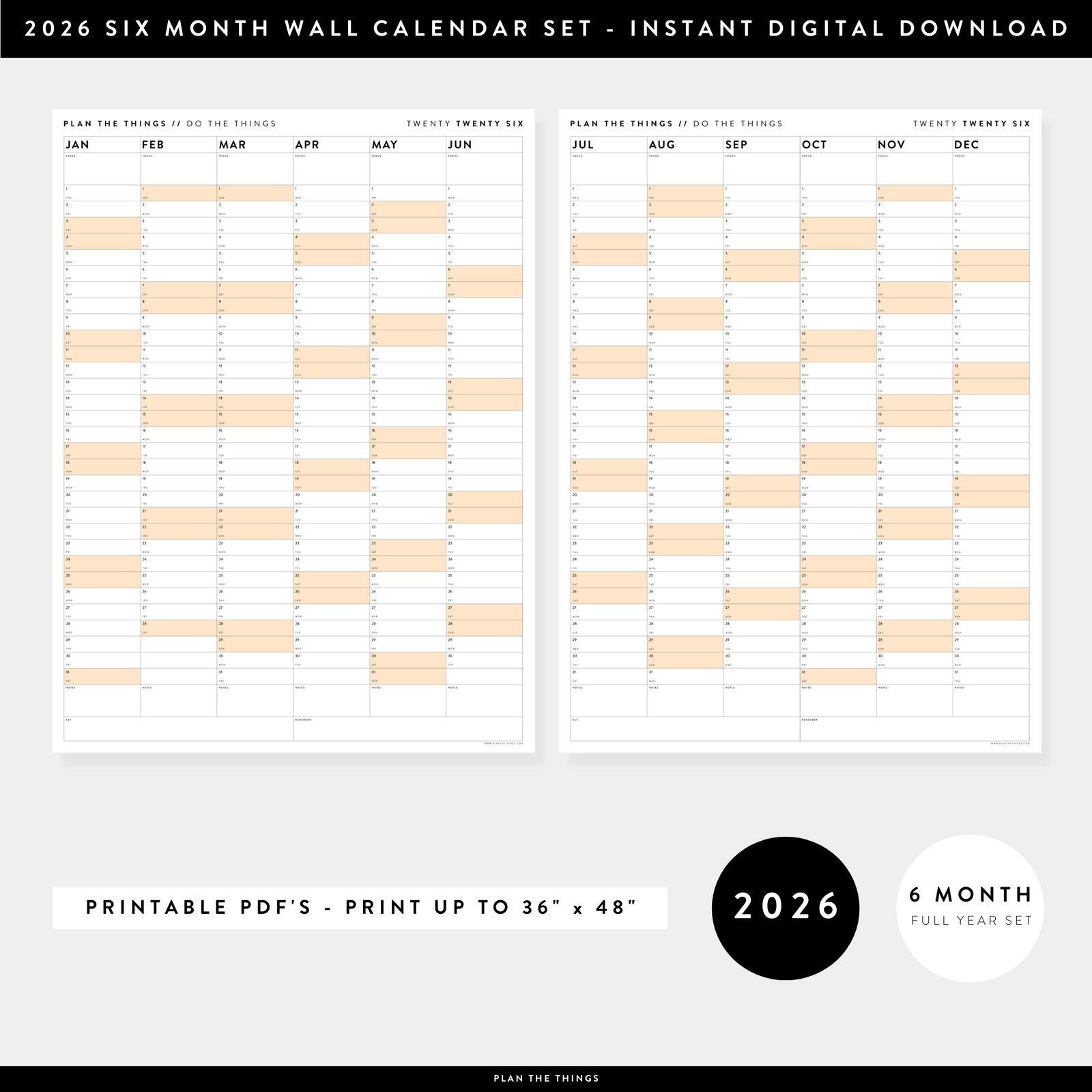 PRINTABLE SIX MONTH 2026 ACADEMIC YEAR WALL CALENDAR SET WITH ORANGE WEEKENDS - INSTANT DOWNLOAD