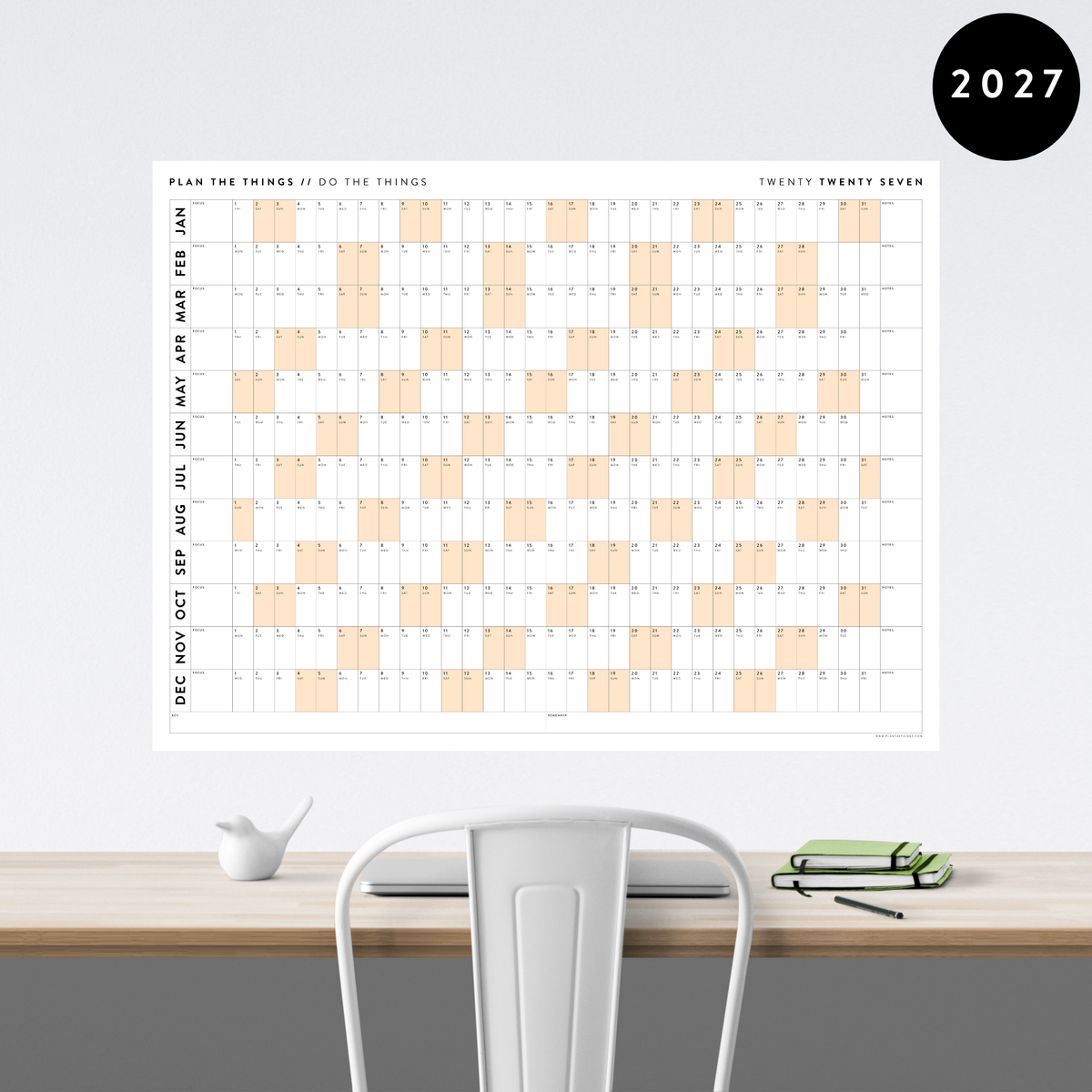 GIANT 2027 ANNUAL WALL CALENDAR | HORIZONTAL WITH ORANGE WEEKENDS