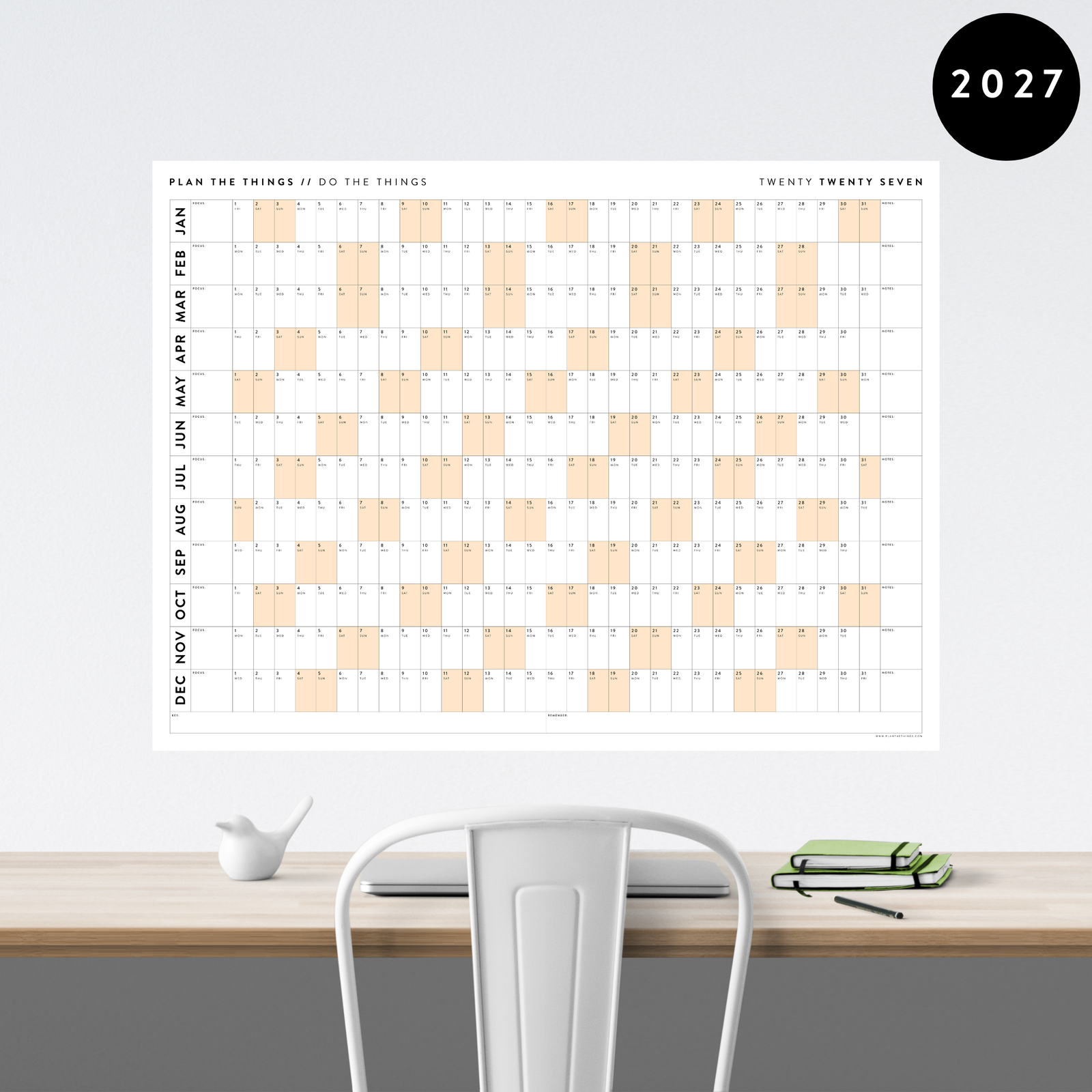 GIANT 2027 ANNUAL WALL CALENDAR | HORIZONTAL WITH ORANGE WEEKENDS