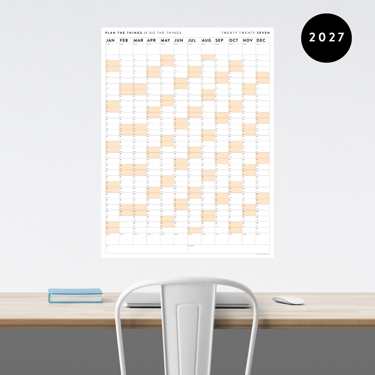 GIANT 2027 ANNUAL WALL CALENDAR | VERTICAL WITH ORANGE WEEKENDS