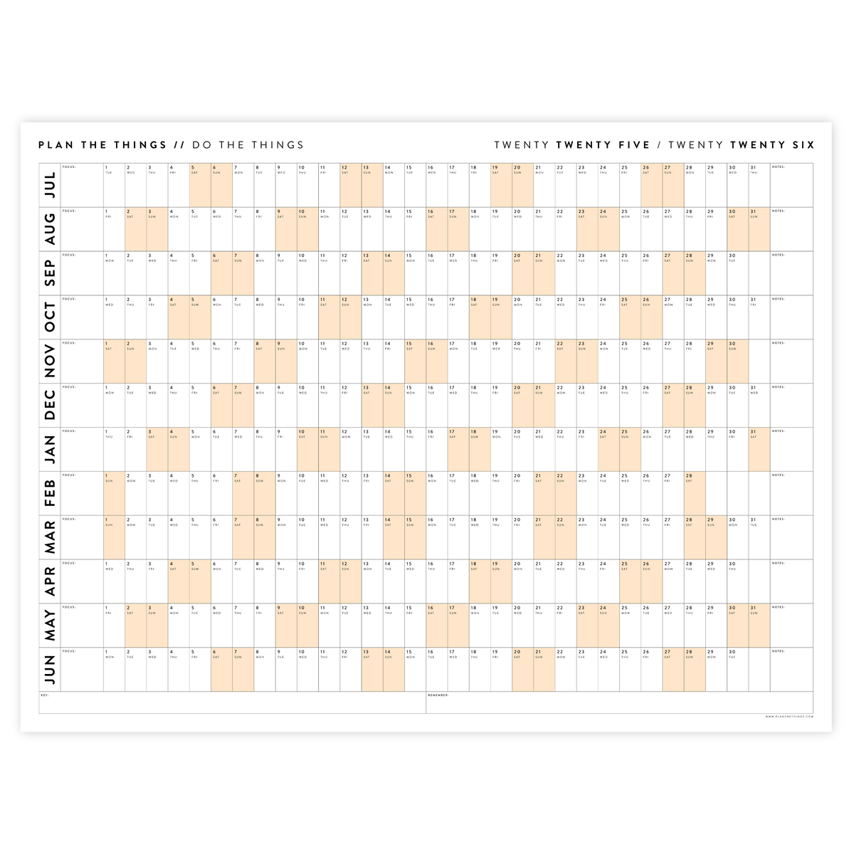 PRINTABLE 2025 - 2026 ACADEMIC WALL CALENDAR (JULY START) | HORIZONTAL WITH ORANGE WEEKENDS - INSTANT DOWNLOAD