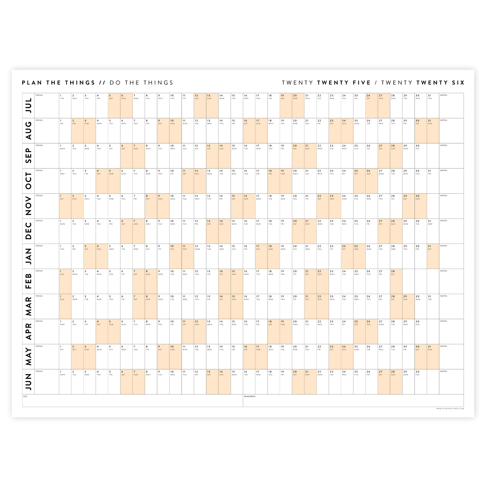 2025 - 2026 ACADEMIC WALL CALENDAR (JULY START) | HORIZONTAL WITH ORANGE WEEKENDS