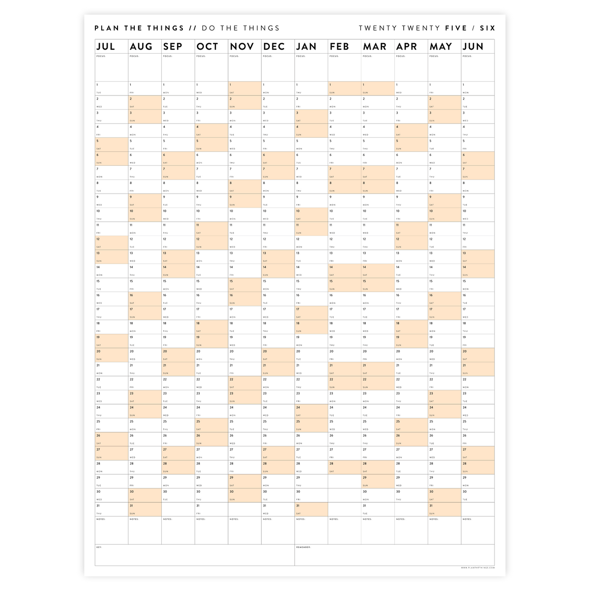 PRINTABLE 2025 - 2026 ACADEMIC WALL CALENDAR (JULY START) | VERTICAL WITH ORANGE WEEKENDS - INSTANT DOWNLOAD