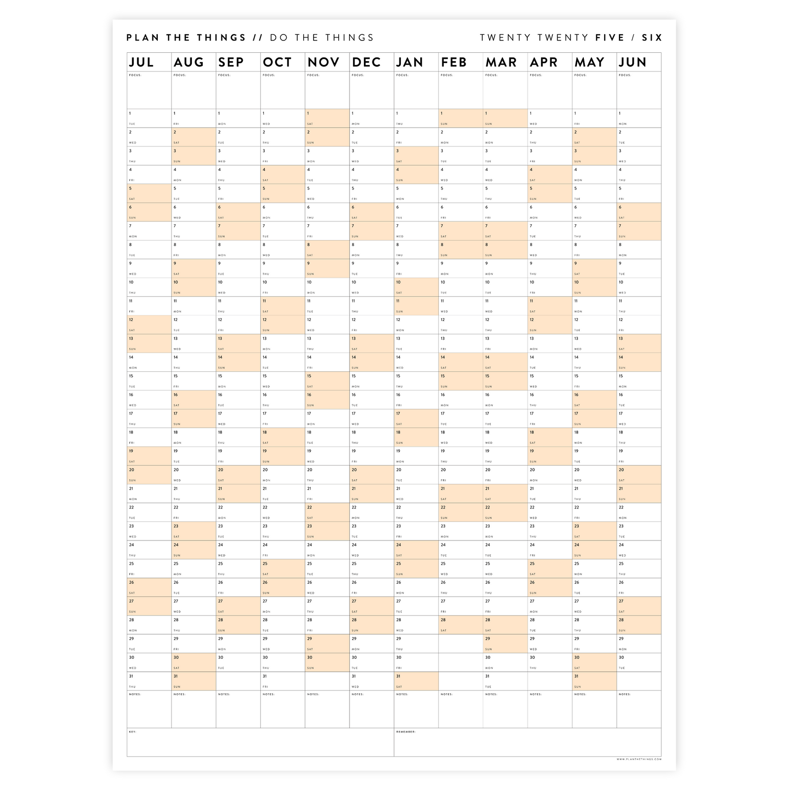 2025 - 2026 ACADEMIC WALL CALENDAR (JULY START) | VERTICAL WITH ORANGE WEEKENDS