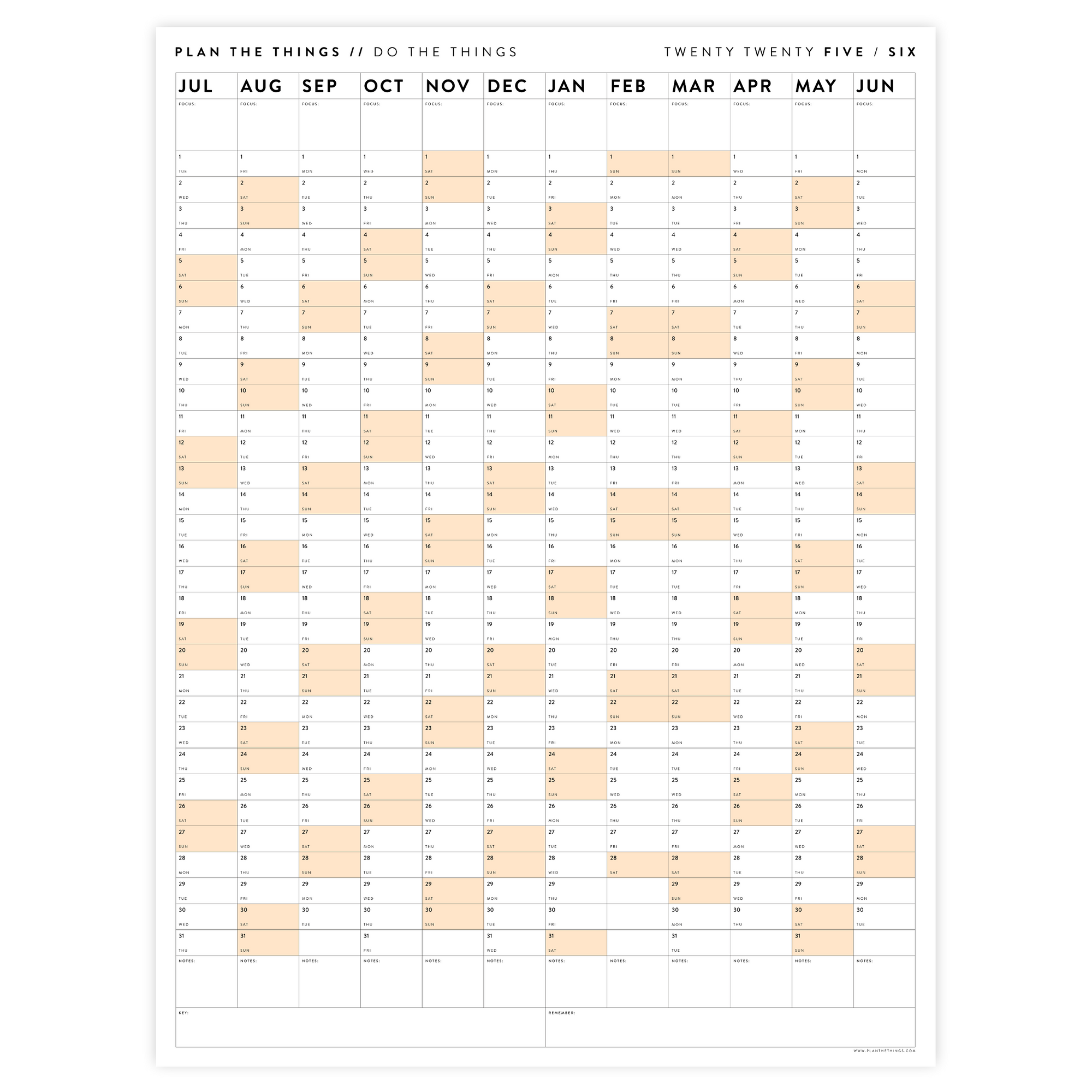 PRINTABLE 2025 - 2026 ACADEMIC WALL CALENDAR (JULY START) | VERTICAL WITH ORANGE WEEKENDS - INSTANT DOWNLOAD