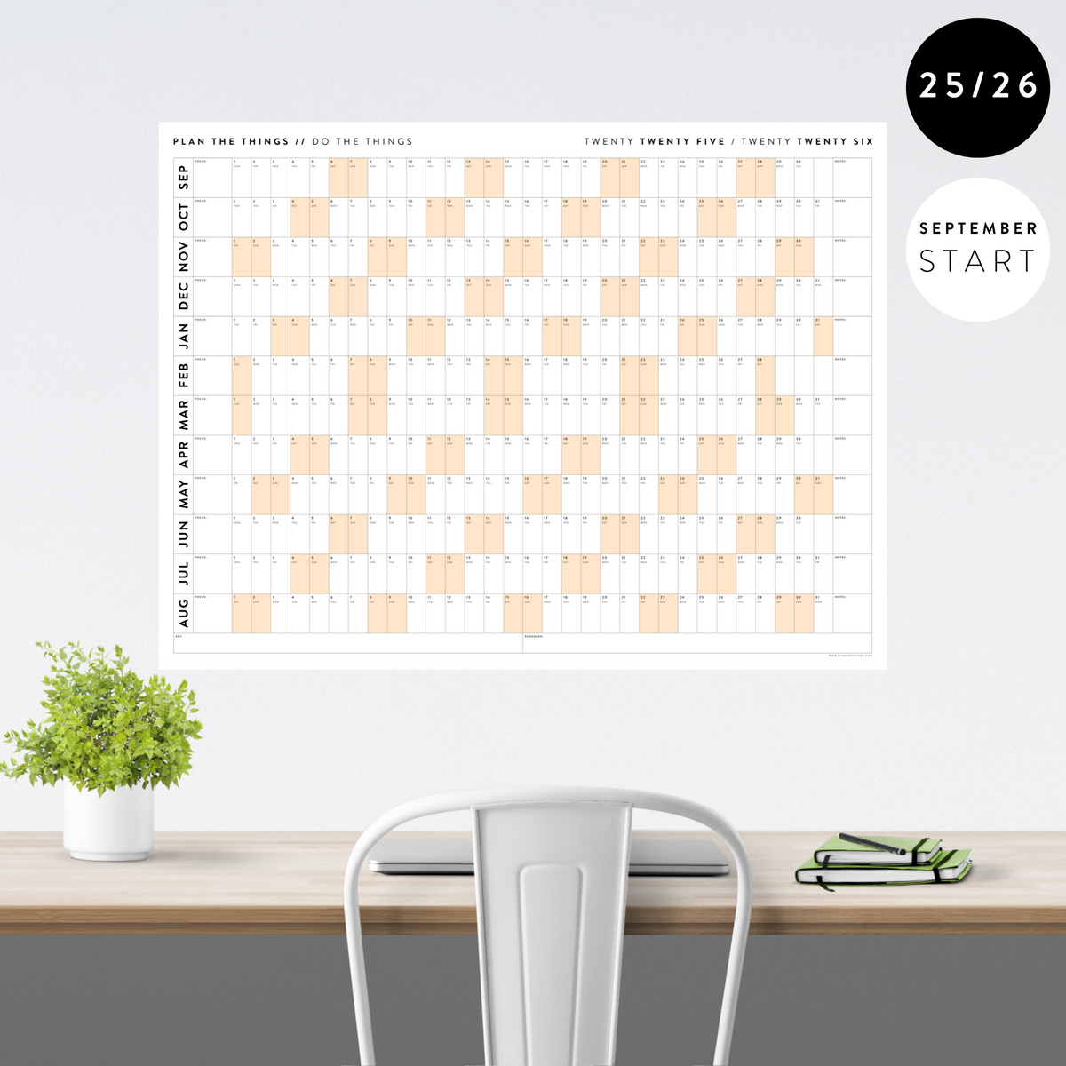PRINTABLE 2025 - 2026 ACADEMIC WALL CALENDAR (SEPTEMBER START) | HORIZONTAL WITH ORANGE WEEKENDS - INSTANT DOWNLOAD