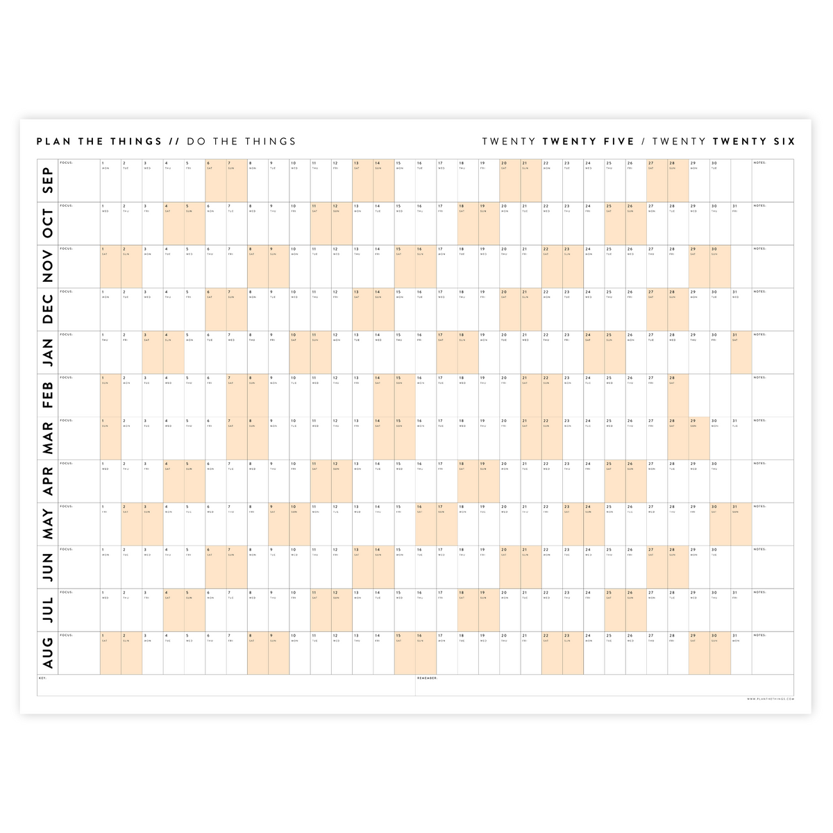 PRINTABLE 2025 - 2026 ACADEMIC WALL CALENDAR (SEPTEMBER START) | HORIZONTAL WITH ORANGE WEEKENDS - INSTANT DOWNLOAD