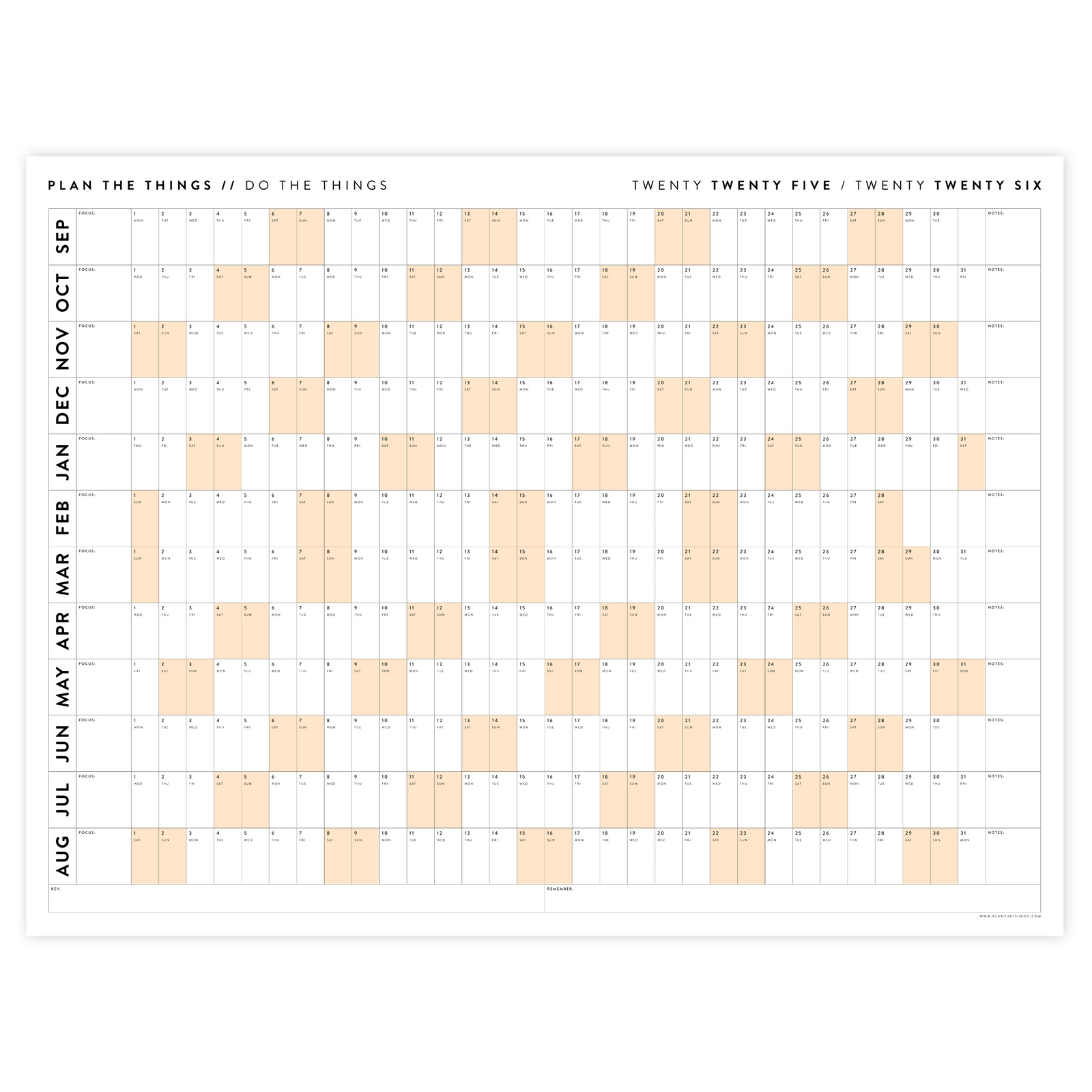 PRINTABLE 2025 - 2026 ACADEMIC WALL CALENDAR (SEPTEMBER START) | HORIZONTAL WITH ORANGE WEEKENDS - INSTANT DOWNLOAD