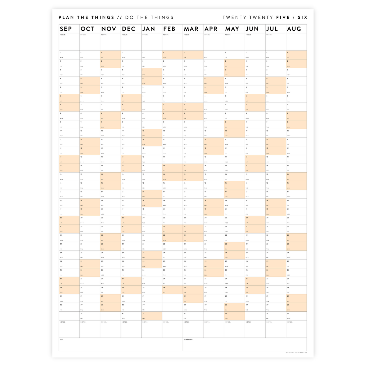 PRINTABLE 2025 - 2026 ACADEMIC WALL CALENDAR (SEPTEMBER START) | VERTICAL WITH ORANGE WEEKENDS - INSTANT DOWNLOAD