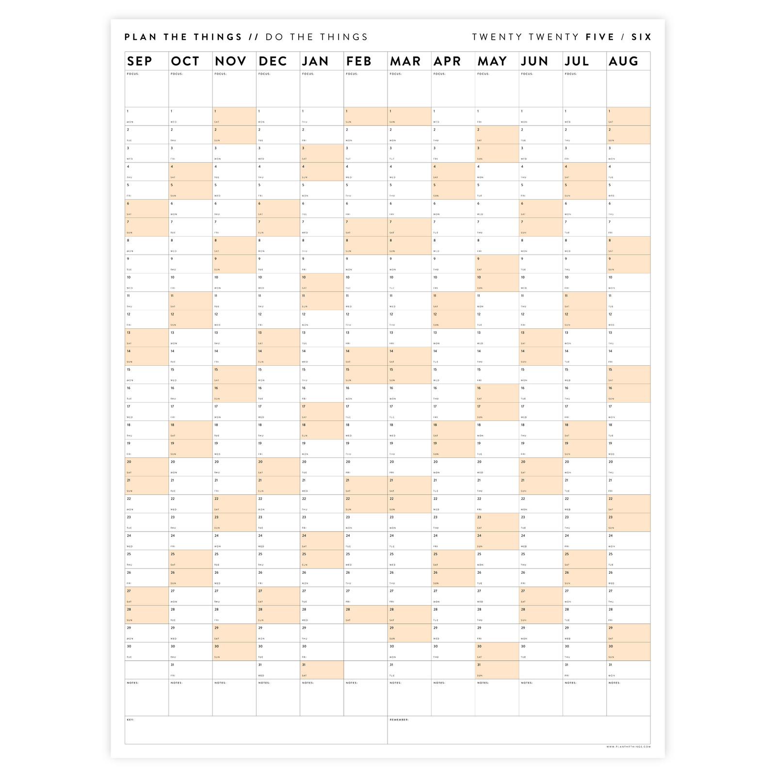 PRINTABLE 2025 - 2026 ACADEMIC WALL CALENDAR (SEPTEMBER START) | VERTICAL WITH ORANGE WEEKENDS - INSTANT DOWNLOAD