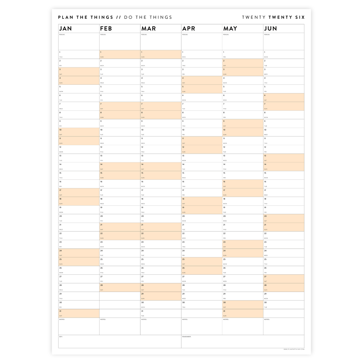 PRINTABLE SIX MONTH 2026 ACADEMIC YEAR WALL CALENDAR SET WITH ORANGE WEEKENDS - INSTANT DOWNLOAD