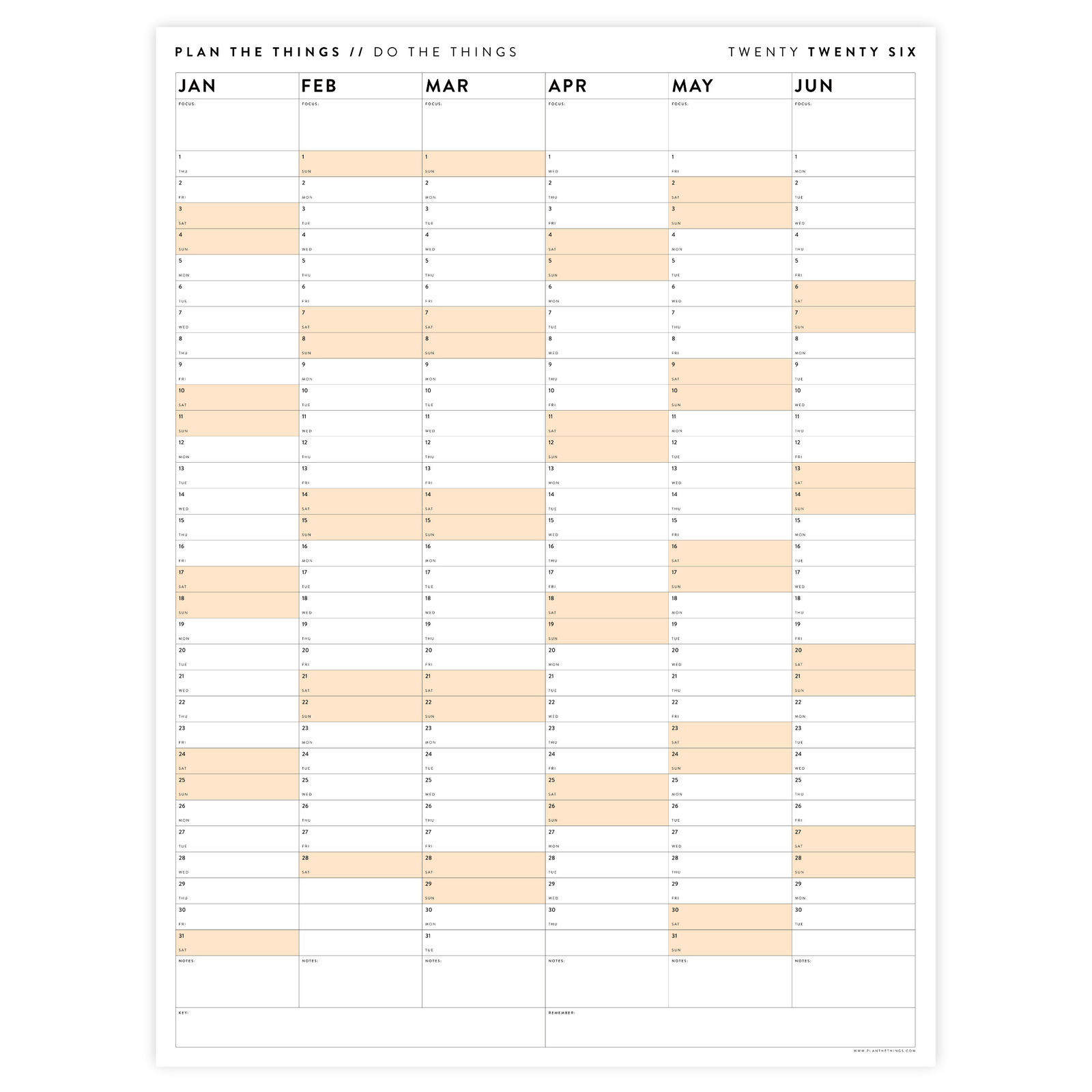 SIX MONTH 2026 GIANT WALL CALENDAR (JANUARY TO JUNE)  WITH ORANGE WEEKENDS