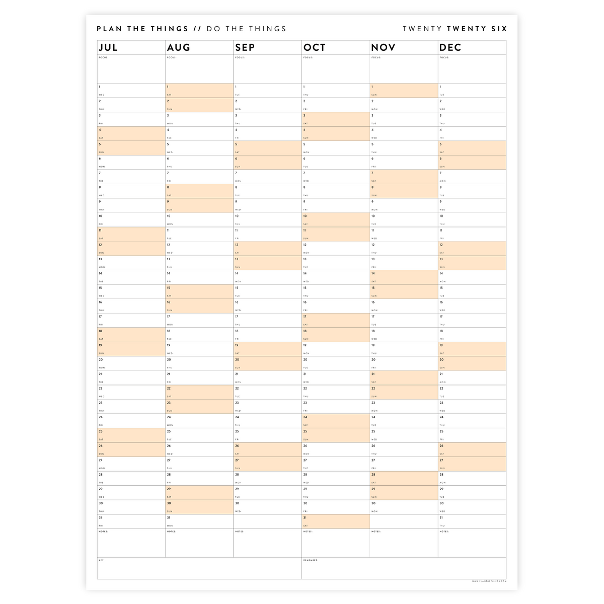 PRINTABLE SIX MONTH 2026 ACADEMIC YEAR WALL CALENDAR SET WITH ORANGE WEEKENDS - INSTANT DOWNLOAD