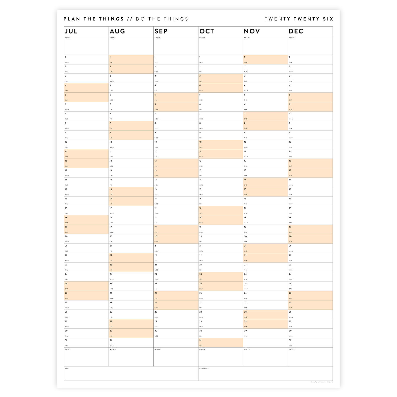 SIX MONTH 2026 GIANT WALL CALENDAR (JULY TO DECEMBER) WITH ORANGE WEEKENDS
