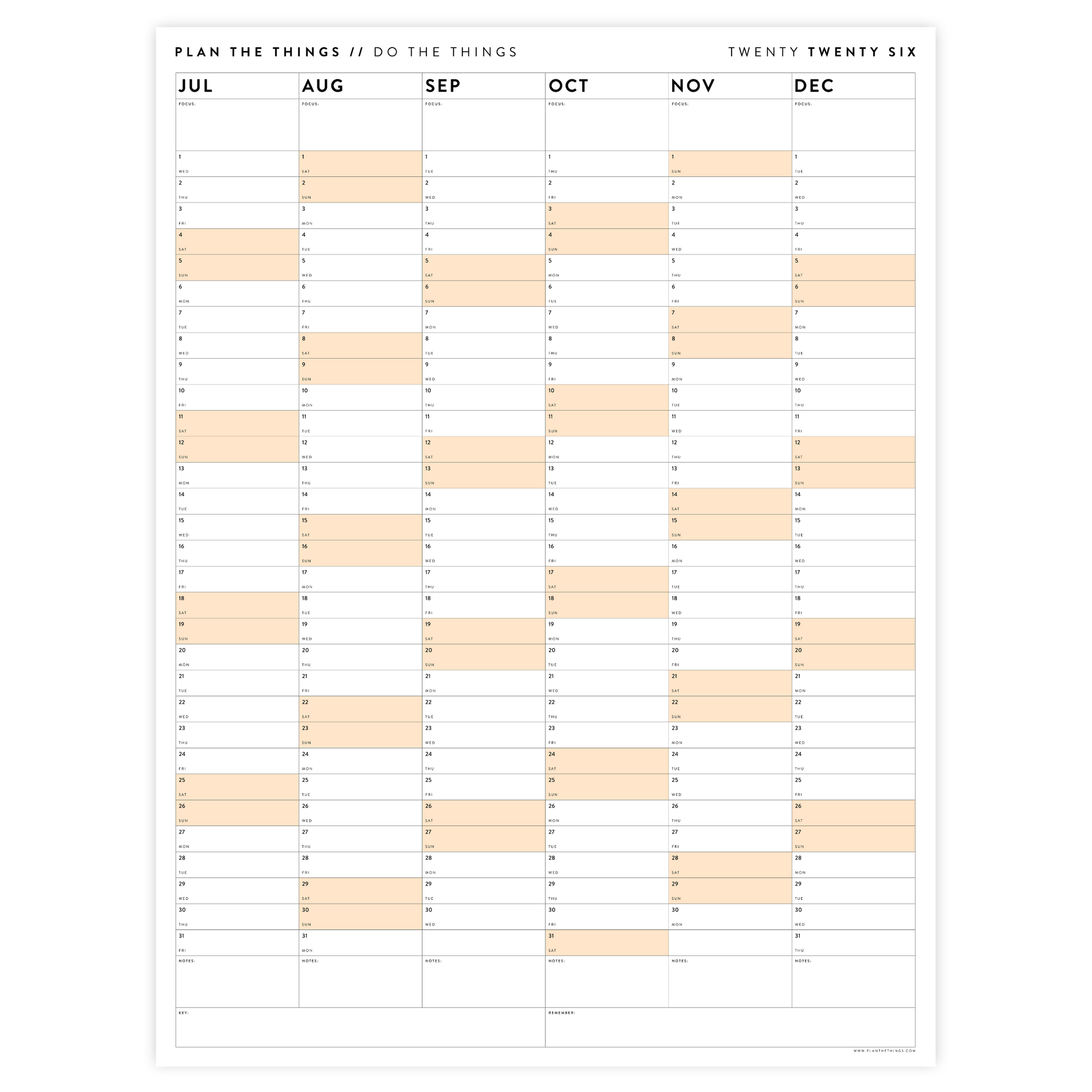 SIX MONTH 2026 GIANT WALL CALENDAR (JULY TO DECEMBER) WITH ORANGE WEEKENDS