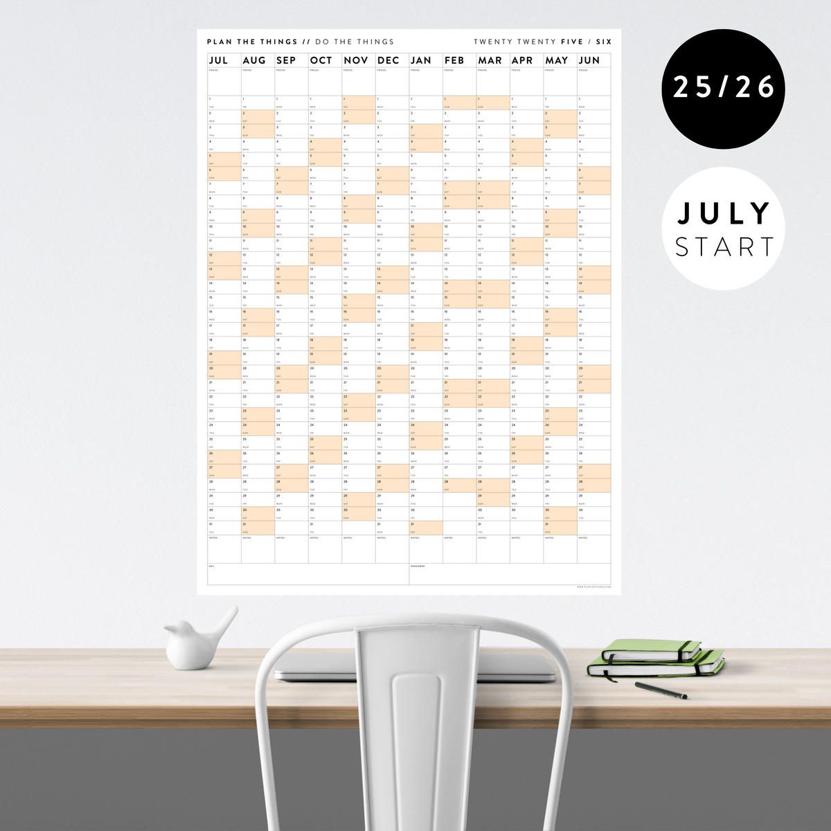 PRINTABLE 2025 - 2026 ACADEMIC WALL CALENDAR (JULY START) | VERTICAL WITH ORANGE WEEKENDS - INSTANT DOWNLOAD