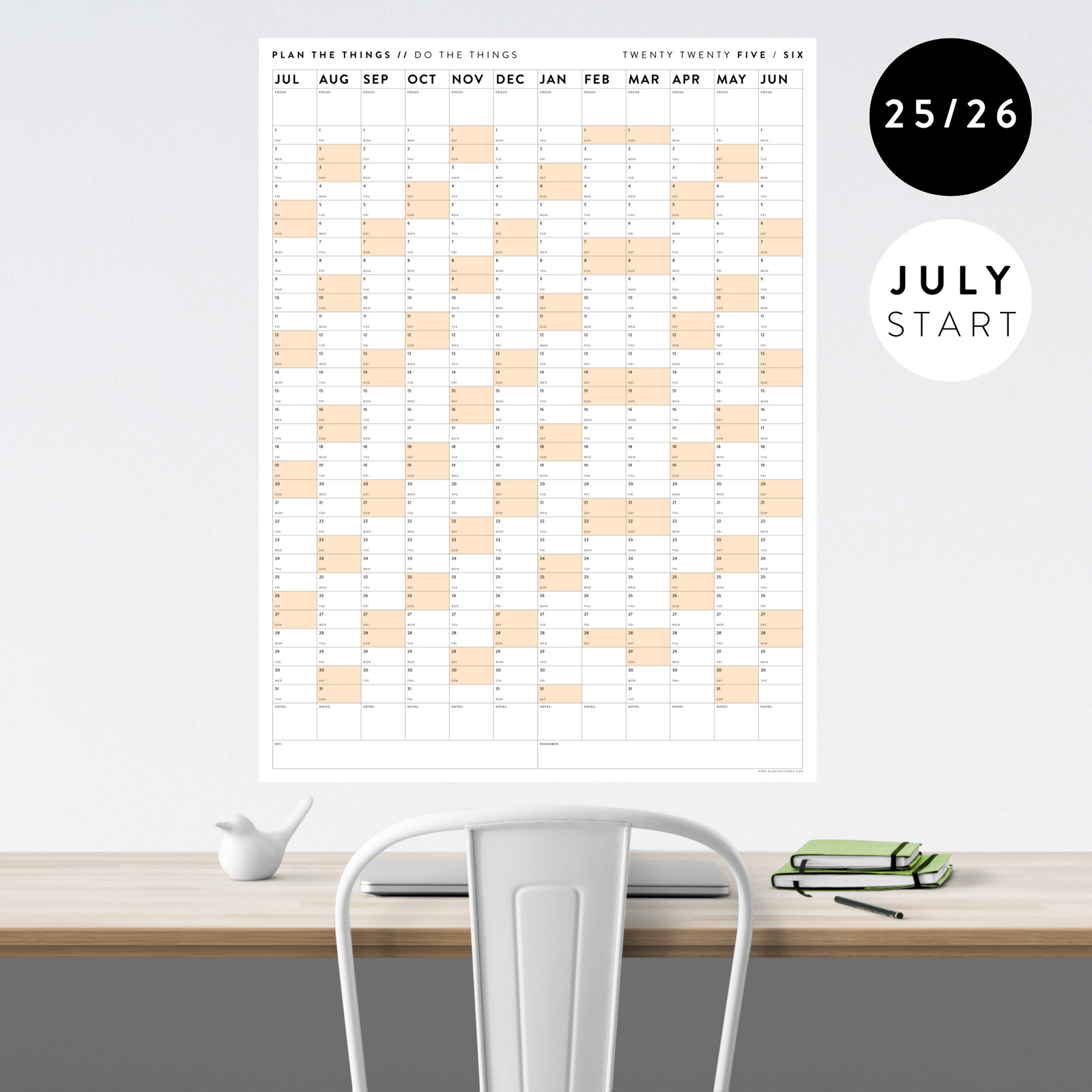 2025 - 2026 ACADEMIC WALL CALENDAR (JULY START) | VERTICAL WITH ORANGE WEEKENDS
