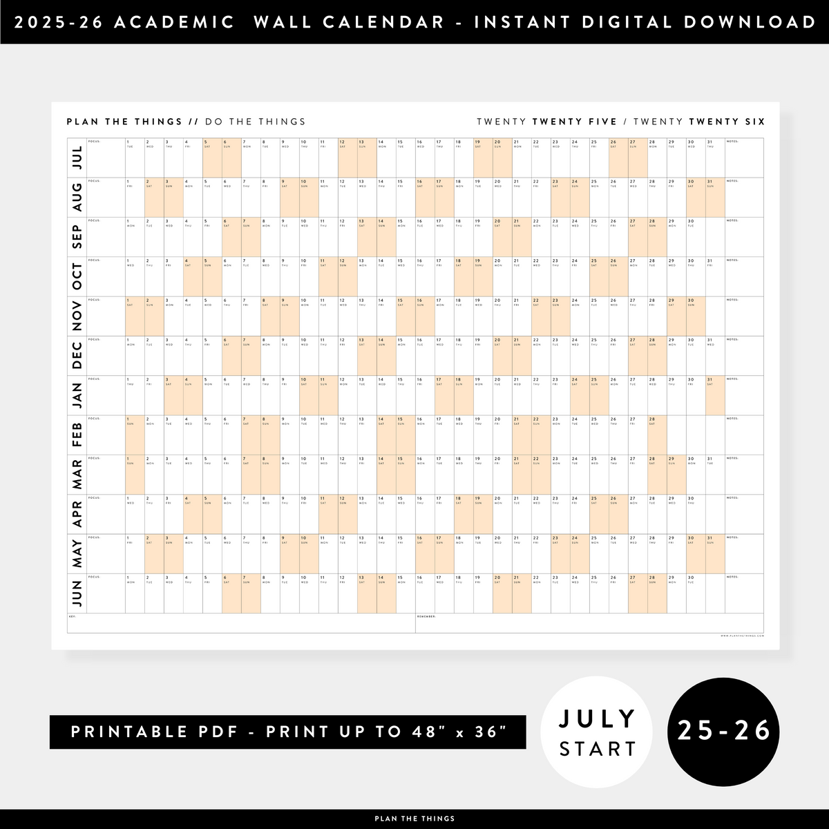 PRINTABLE 2025 - 2026 ACADEMIC WALL CALENDAR (JULY START) | HORIZONTAL WITH ORANGE WEEKENDS - INSTANT DOWNLOAD