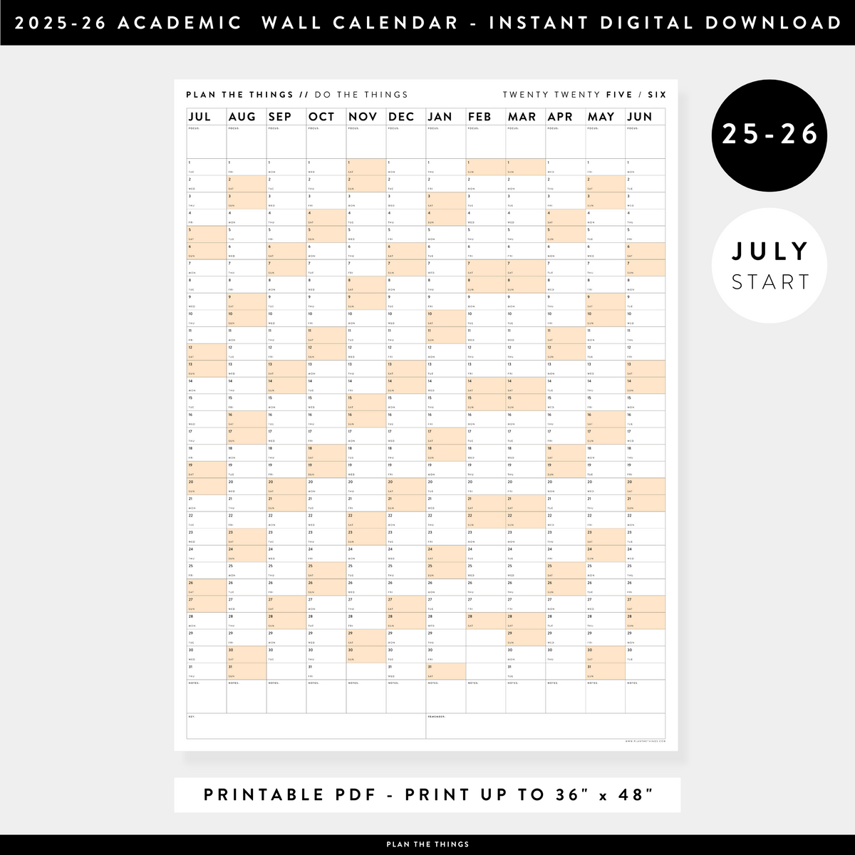 PRINTABLE 2025 - 2026 ACADEMIC WALL CALENDAR (JULY START) | VERTICAL WITH ORANGE WEEKENDS - INSTANT DOWNLOAD