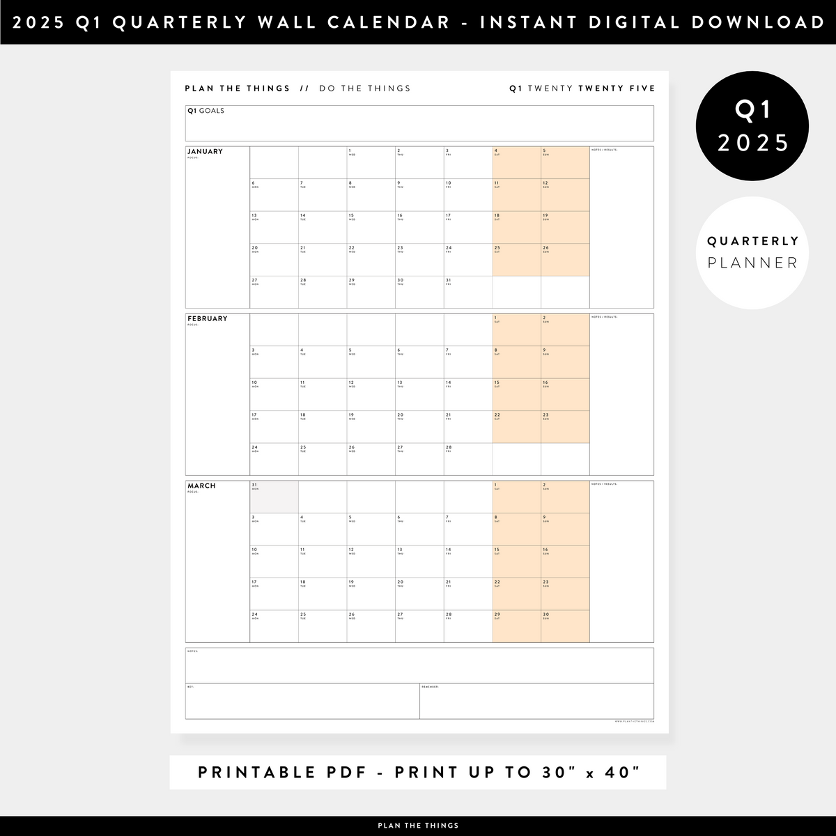 PRINTABLE Q1 (JANUARY - MARCH) 2025 QUARTERLY WALL CALENDAR (ORANGE) - INSTANT DOWNLOAD