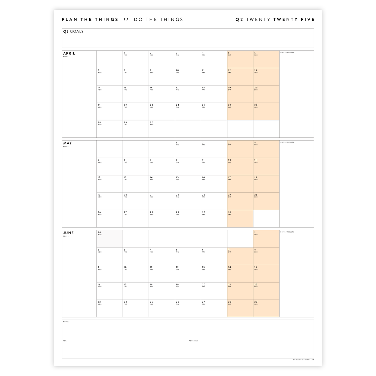 Q2 2025 QUARTERLY GIANT WALL CALENDAR (APRIL - JUNE 2025) - ORANGE WEEKENDS