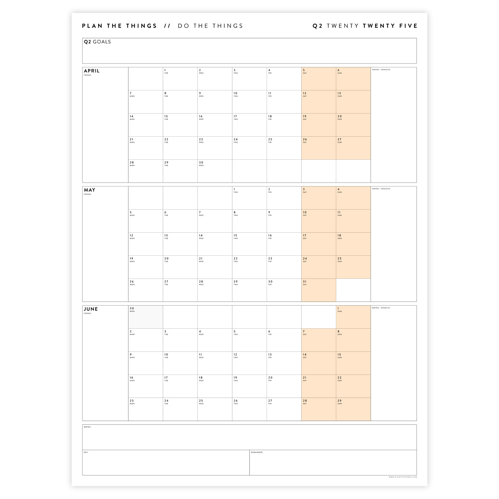 Q2 2025 QUARTERLY GIANT WALL CALENDAR (APRIL - JUNE 2025) - ORANGE WEEKENDS