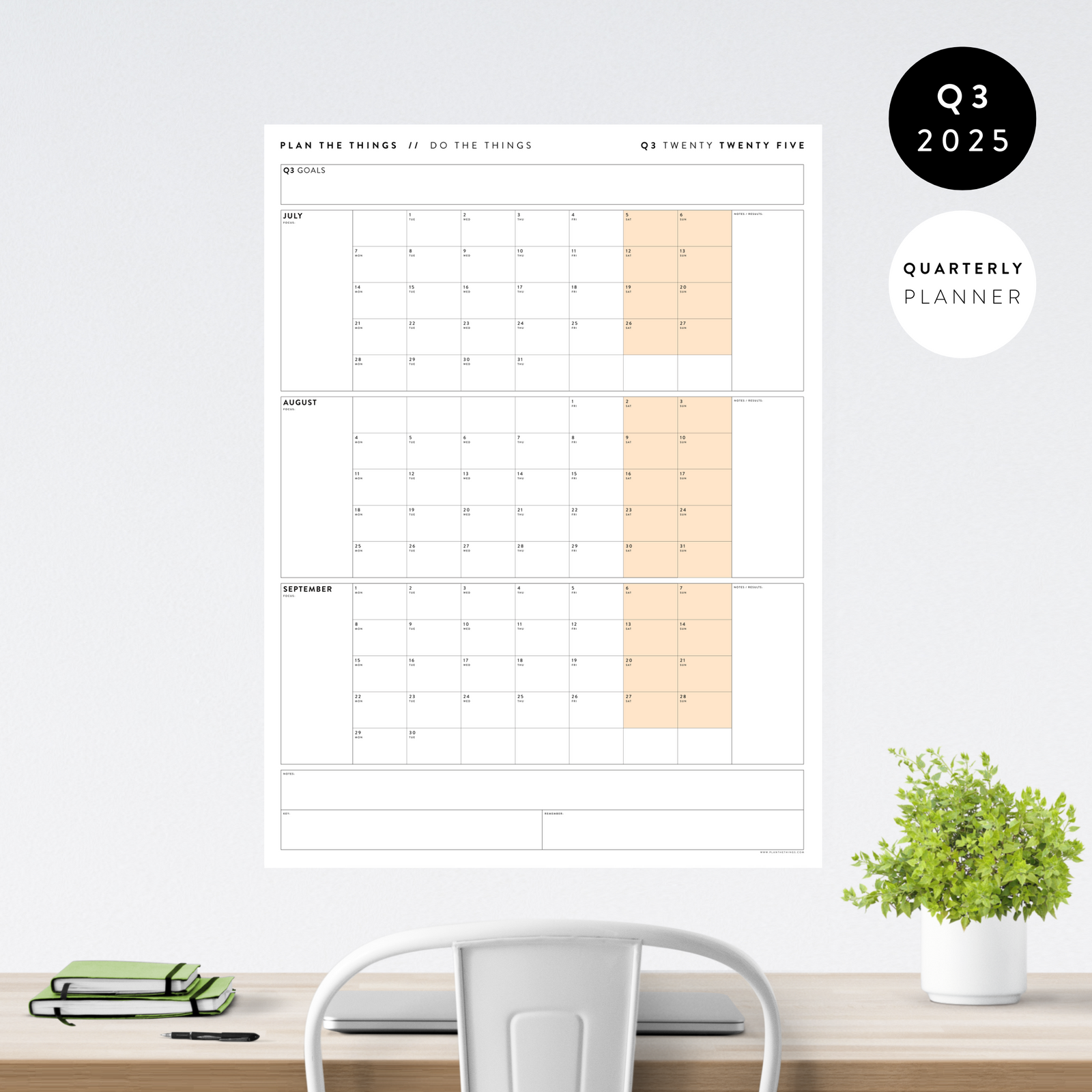 Q3 2025 QUARTERLY GIANT WALL CALENDAR (JULY - SEPTEMBER 2025) - ORANGE WEEKENDS