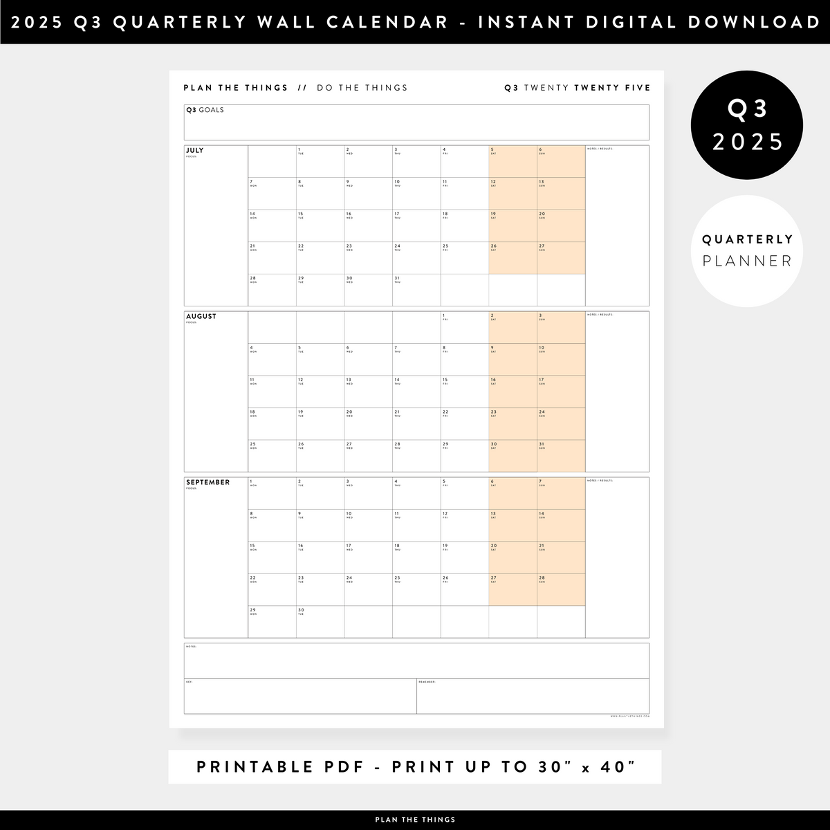PRINTABLE Q3 (JULY - SEPTEMBER) 2025 QUARTERLY WALL CALENDAR (ORANGE) - INSTANT PDF DOWNLOAD
