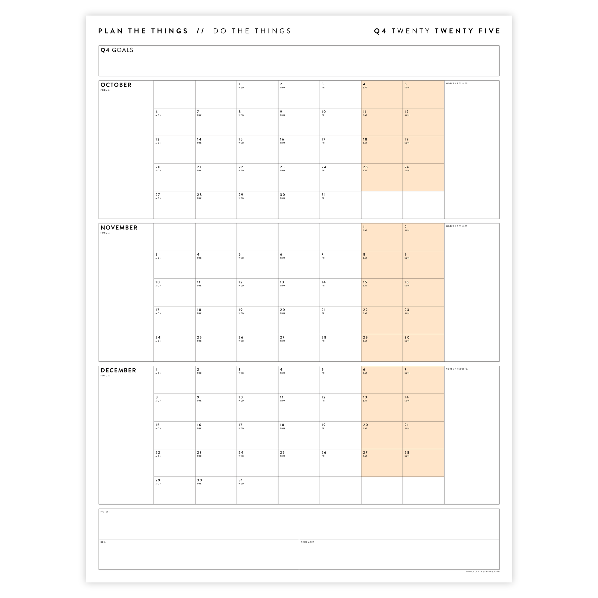 PRINTABLE Q4 (OCTOBER - DECEMBER) 2025 QUARTERLY WALL CALENDAR (ORANGE) - INSTANT PDF DOWNLOAD