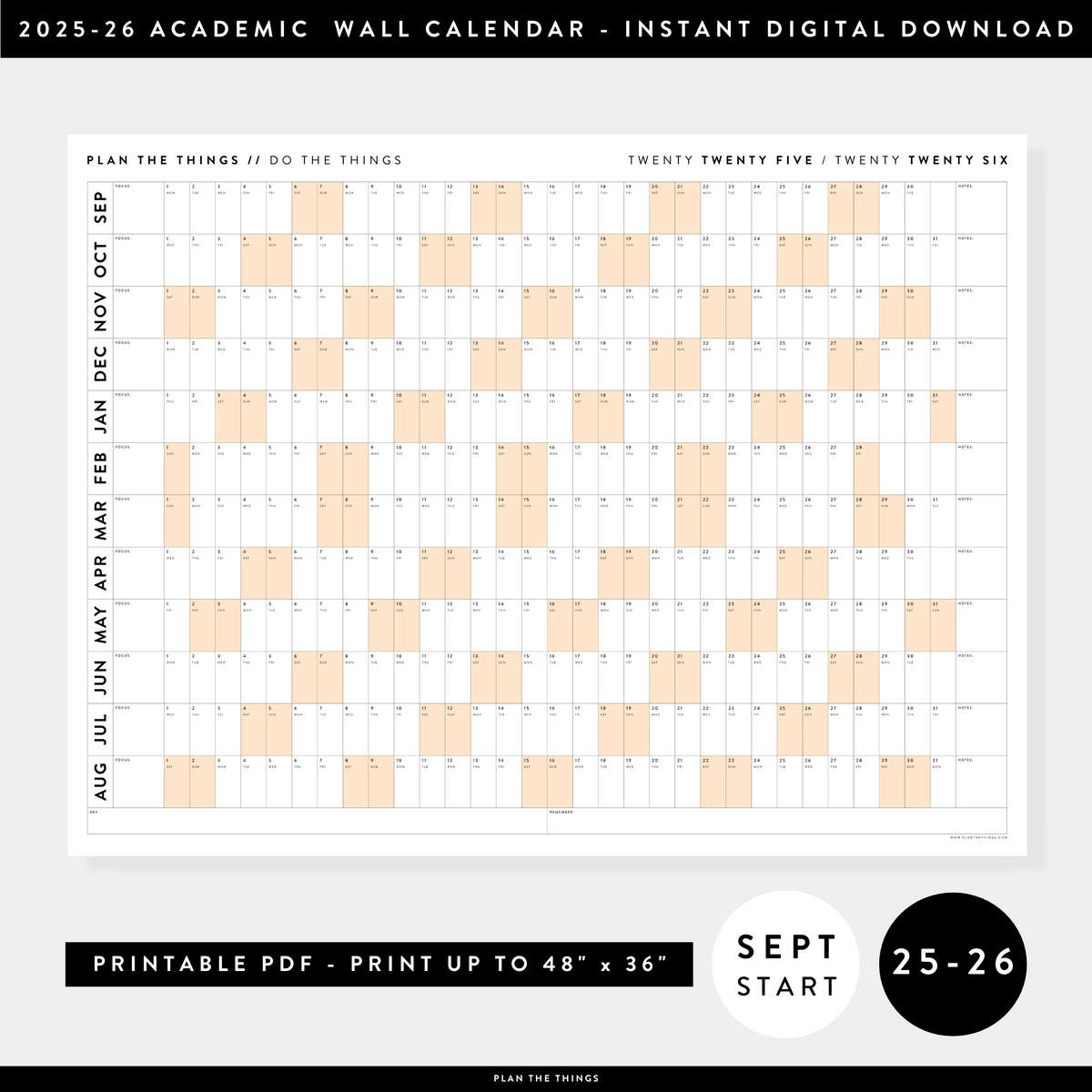 PRINTABLE 2025 - 2026 ACADEMIC WALL CALENDAR (SEPTEMBER START) | HORIZONTAL WITH ORANGE WEEKENDS - INSTANT DOWNLOAD