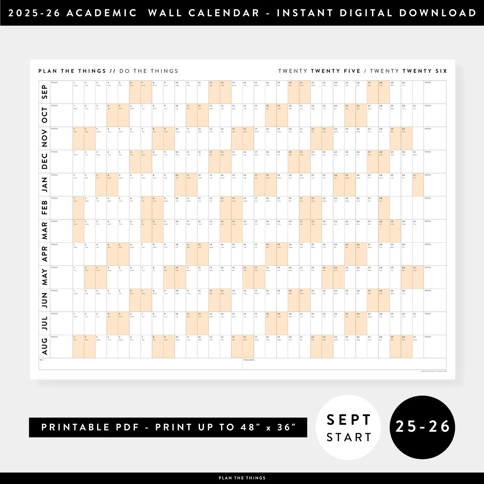 PRINTABLE 2025 - 2026 ACADEMIC WALL CALENDAR (SEPTEMBER START) | HORIZONTAL WITH ORANGE WEEKENDS - INSTANT DOWNLOAD