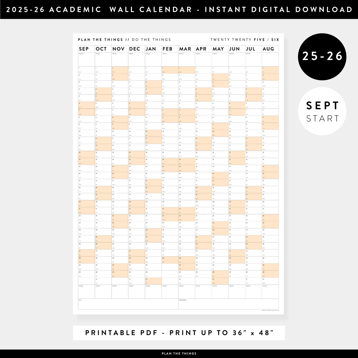 PRINTABLE 2025 - 2026 ACADEMIC WALL CALENDAR (SEPTEMBER START) | VERTICAL WITH ORANGE WEEKENDS - INSTANT DOWNLOAD