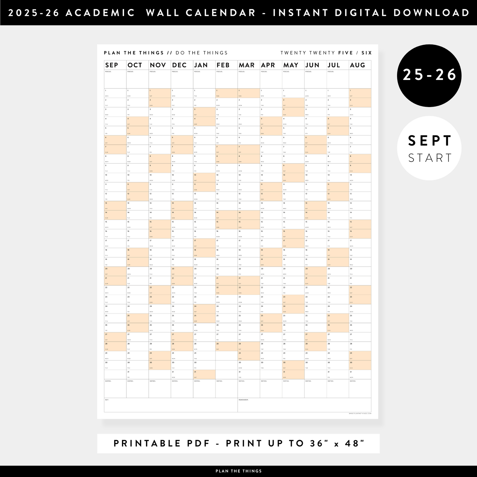 PRINTABLE 2025 - 2026 ACADEMIC WALL CALENDAR (SEPTEMBER START) | VERTICAL WITH ORANGE WEEKENDS - INSTANT DOWNLOAD