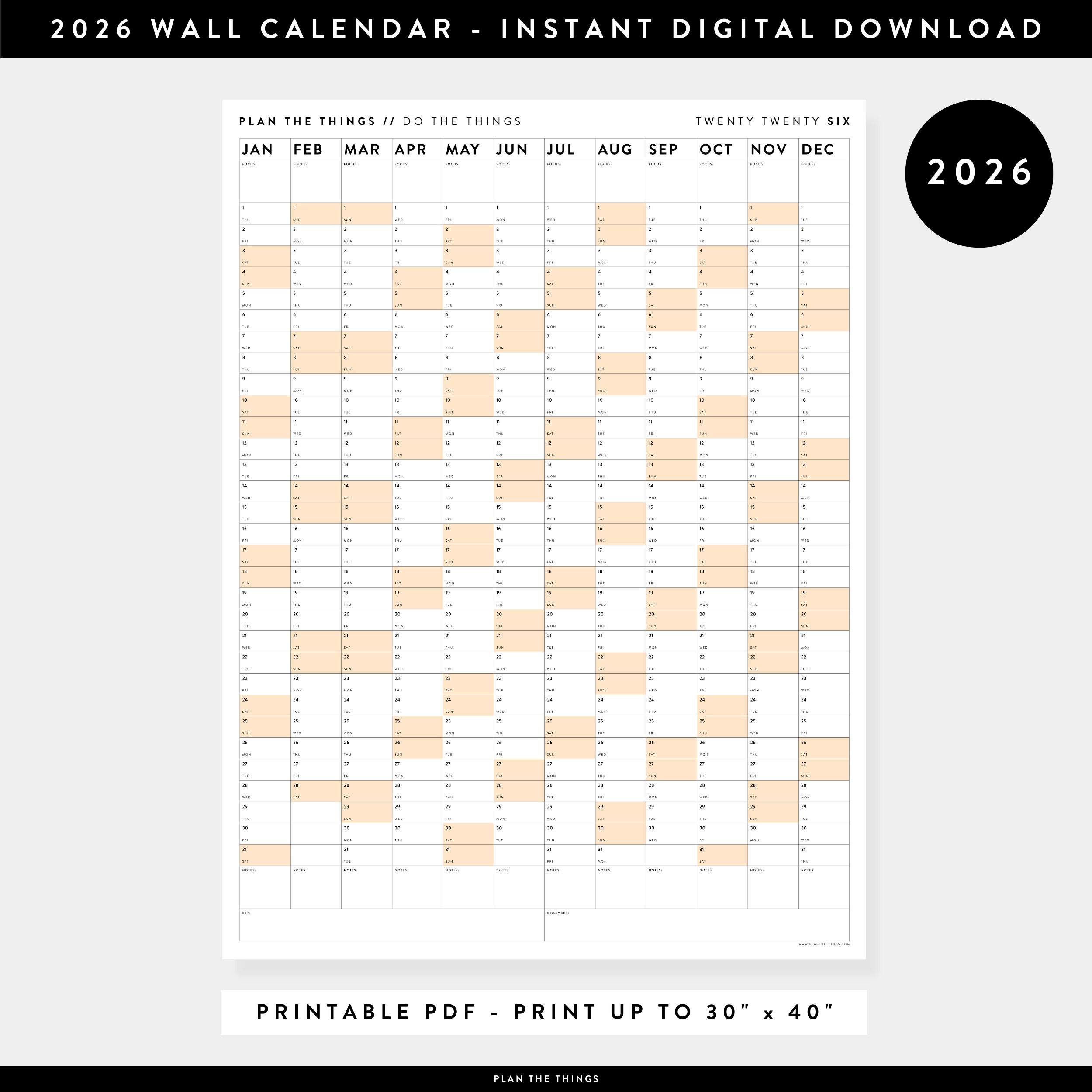  Foto zu PRINTABLE VERTICAL 2026 WALL CALENDAR WITH ORANGE WEEKENDS - INSTANT D 